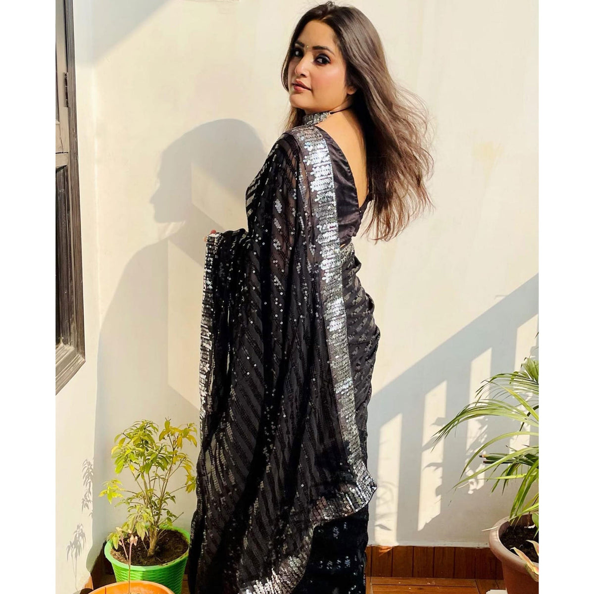 Black Sequins Embroidered Georgette Saree - Image 5