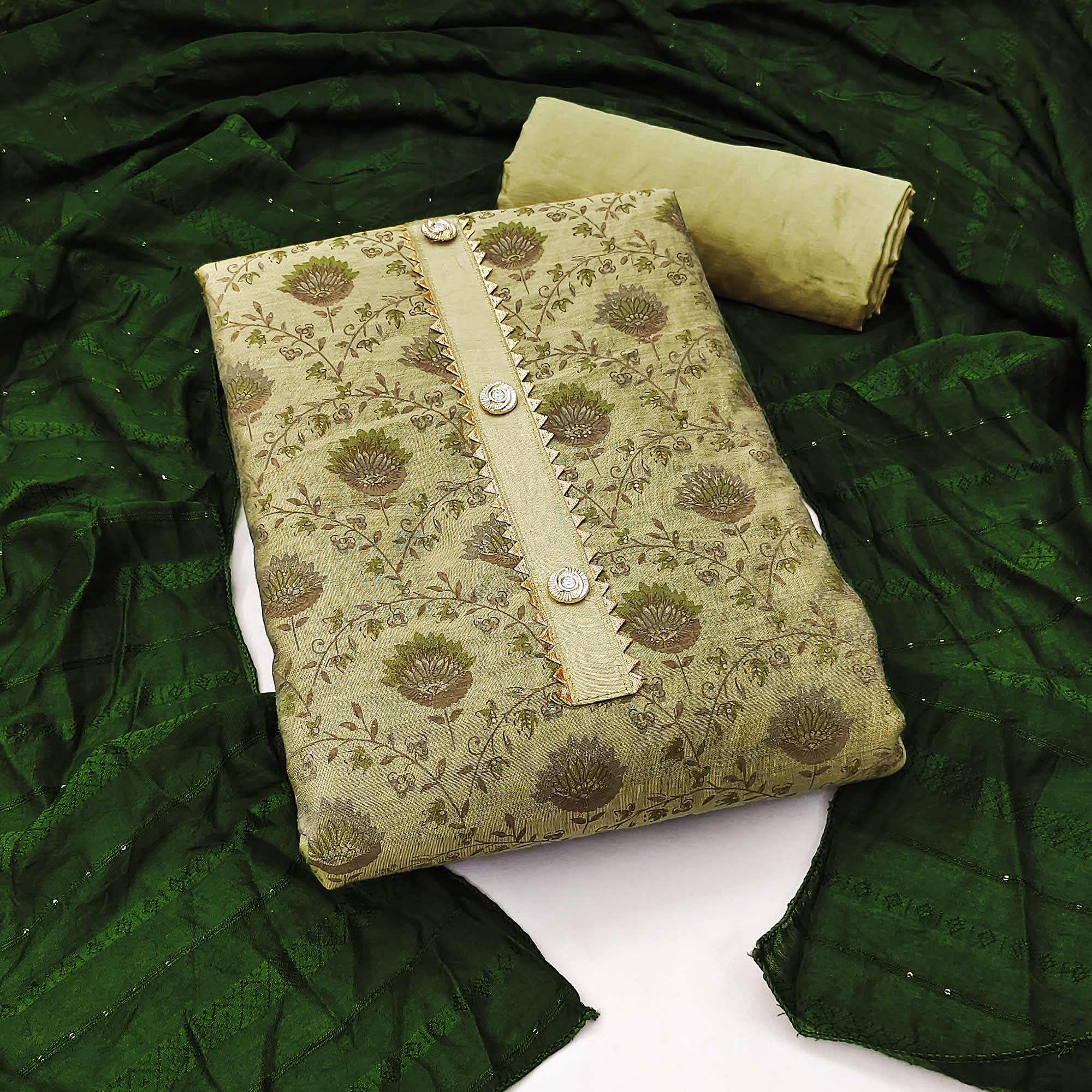 Green Floral Printed Chanderi Dress Material