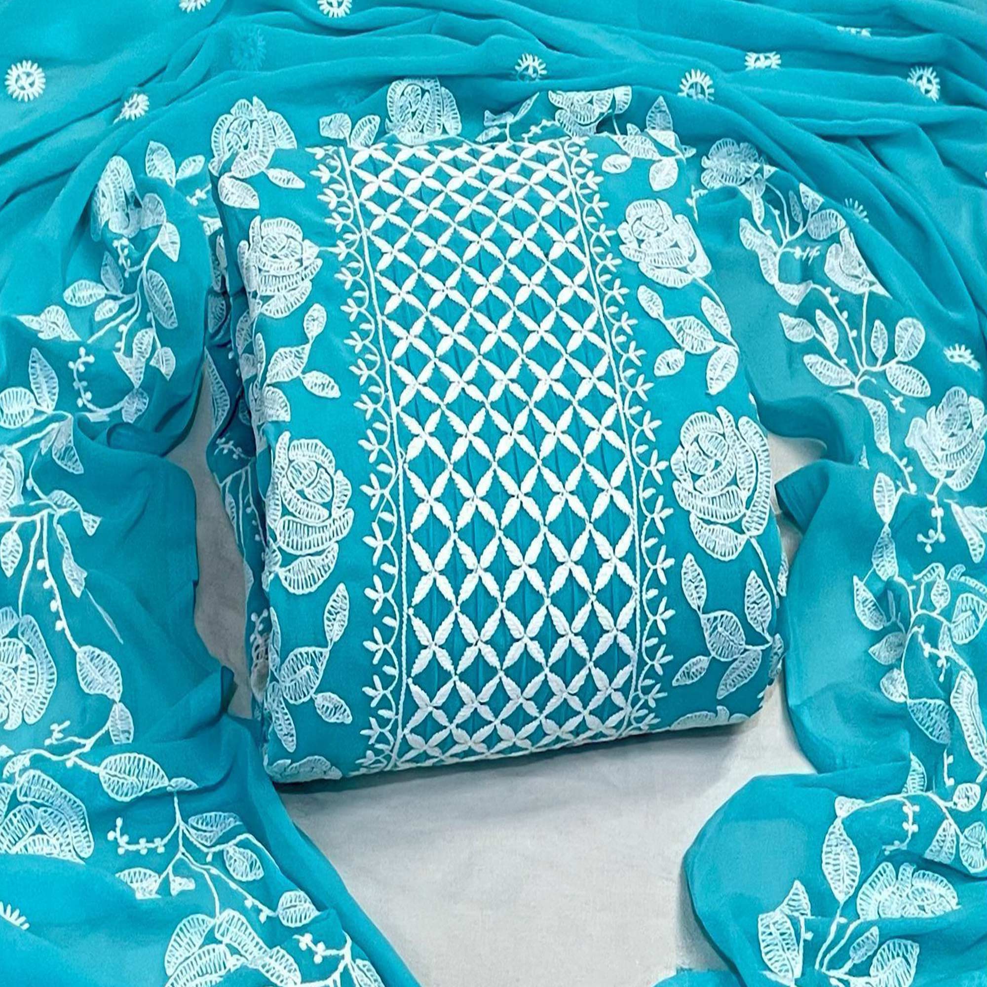 Turquoise Floral Embroidered Georgette Dress Material