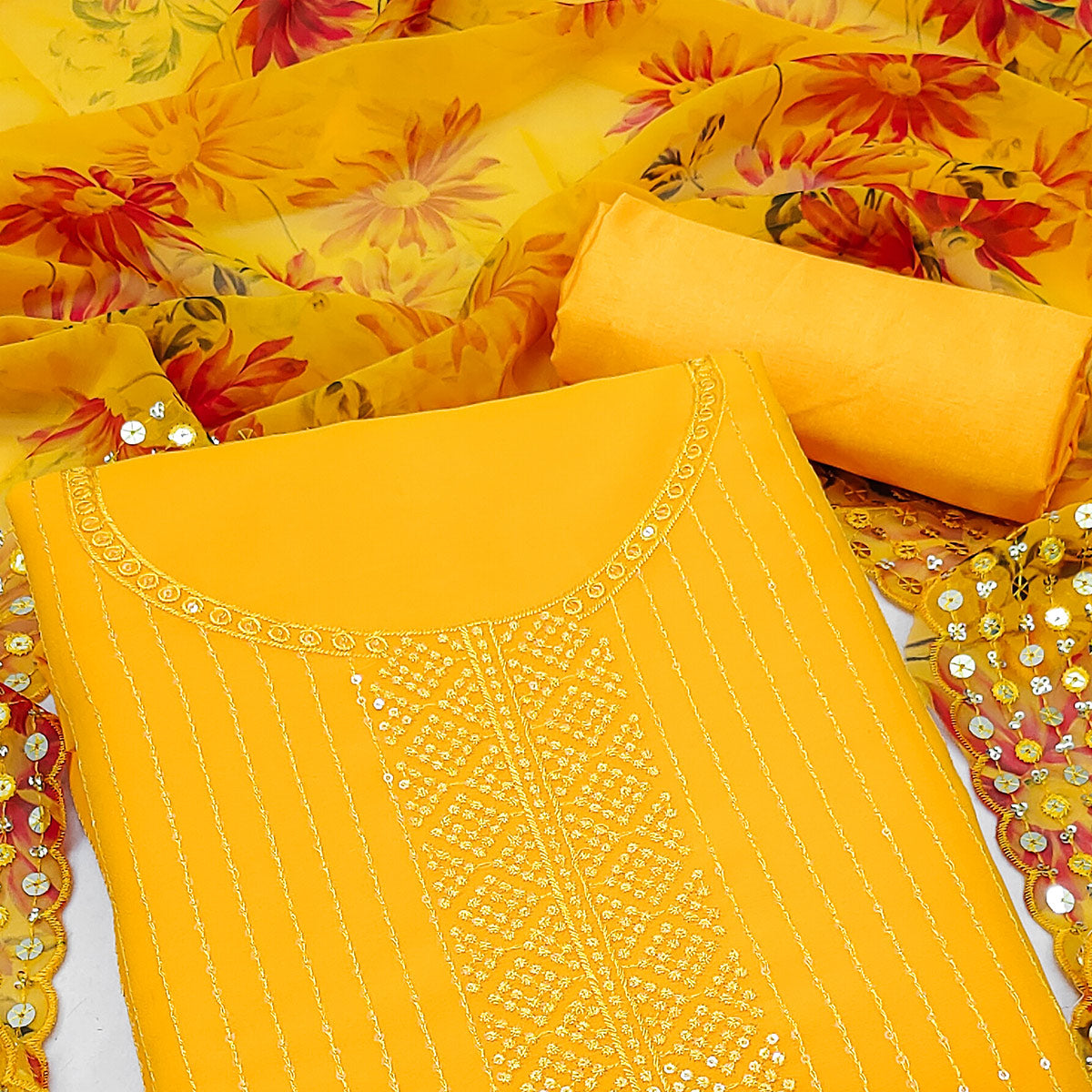 Yellow Sequins Embroidered Georgette Dress Material