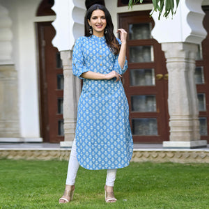 Blue Floral Printed Pure Cotton Kurti