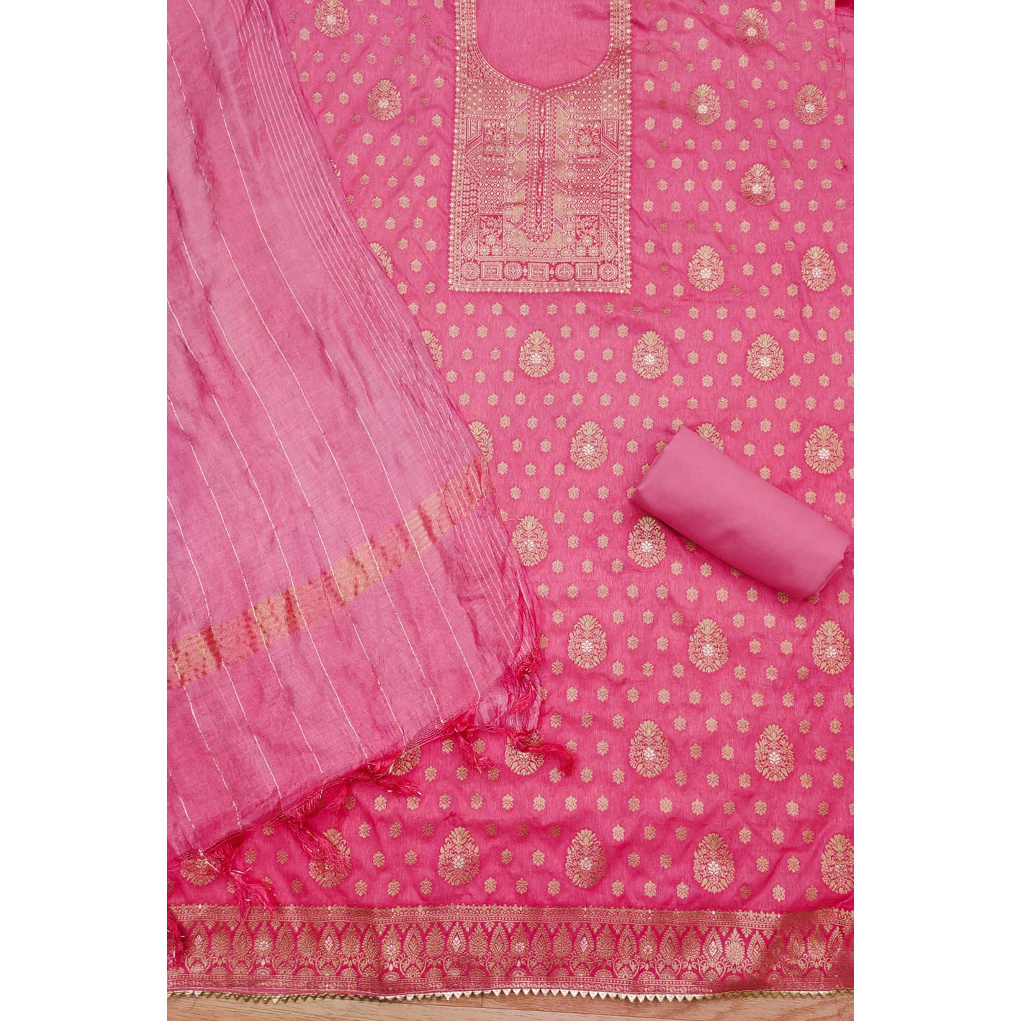 Pink Woven Banarasi Silk Dress Material