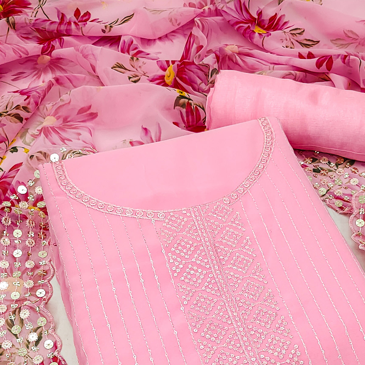 Pink Sequins Embroidered Georgette Dress Material