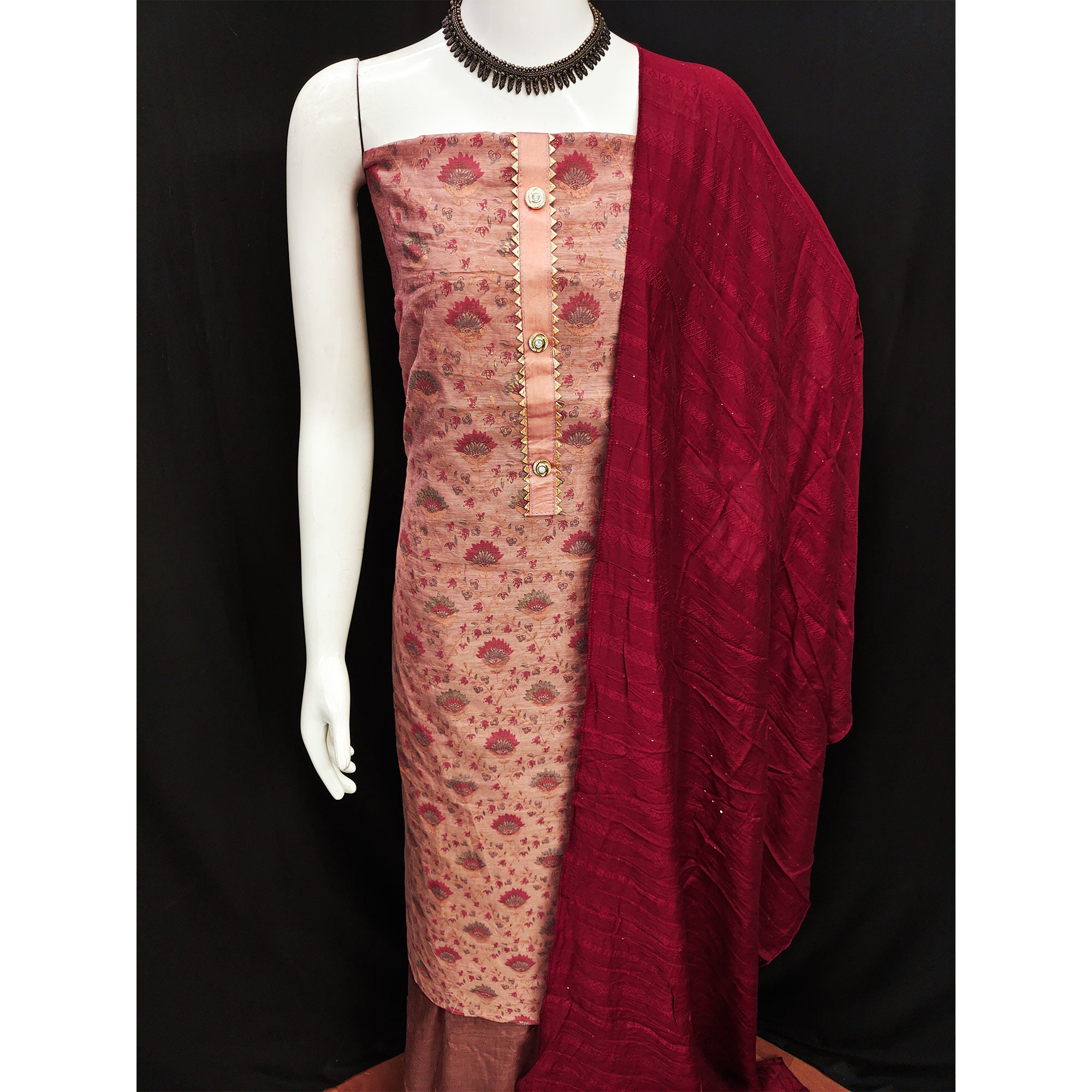 Pink Floral Printed Chanderi Dress Material
