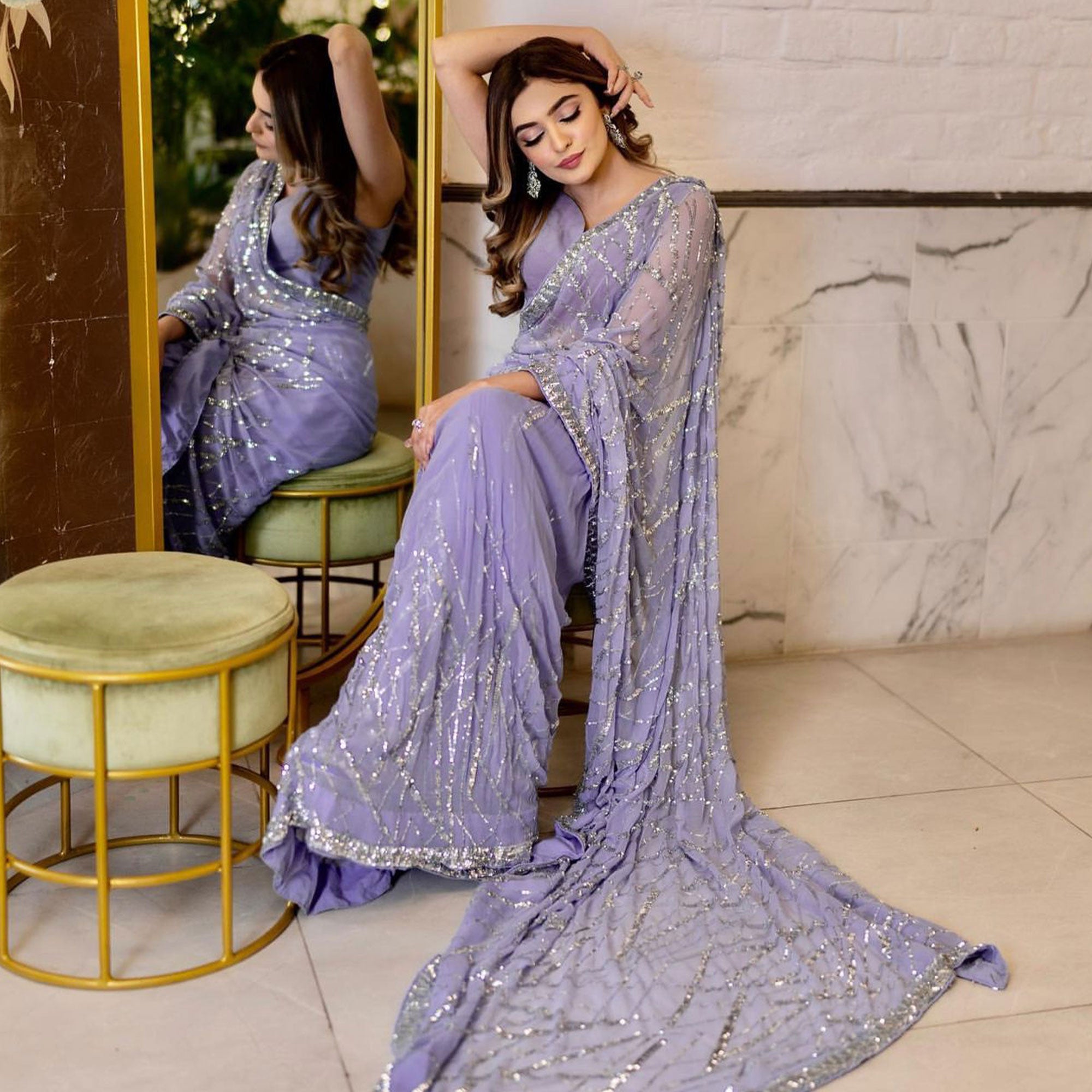 Light Purple Sequins Embroidered Georgette Saree