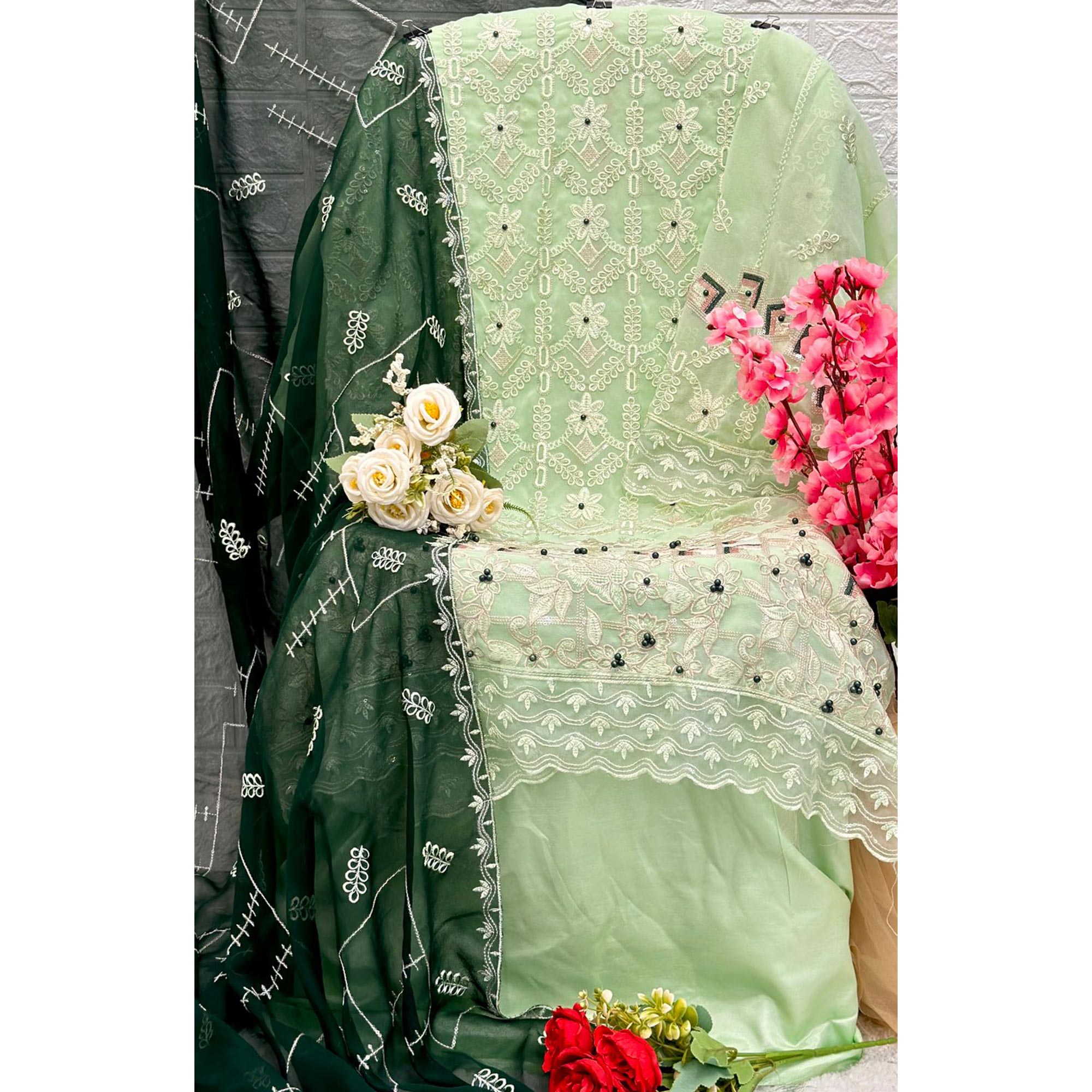 Green Floral Embroidered Georgette Pakistani Suit