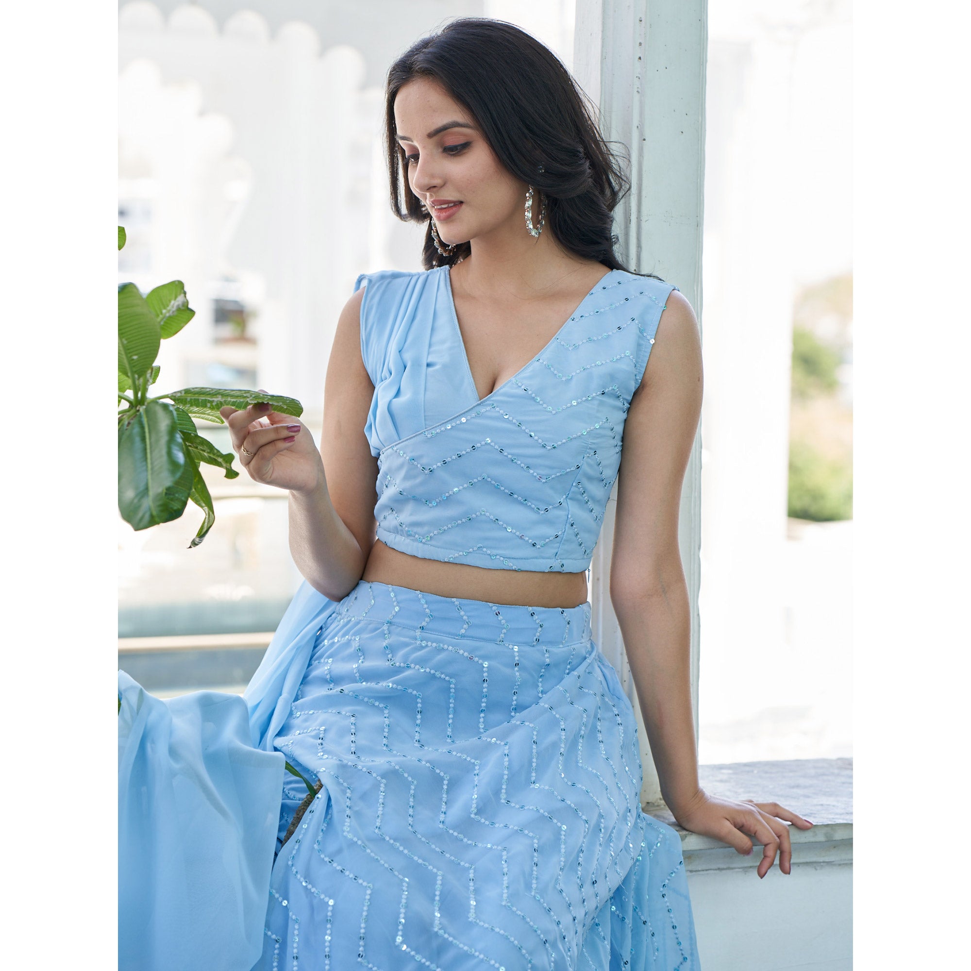 Blue Sequins Embroidered Georgette Lehenga Choli