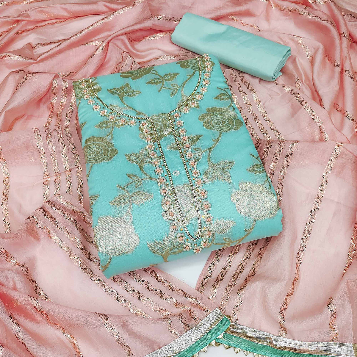 Sky Blue Woven Banarasi Silk Dress Material - Image 6