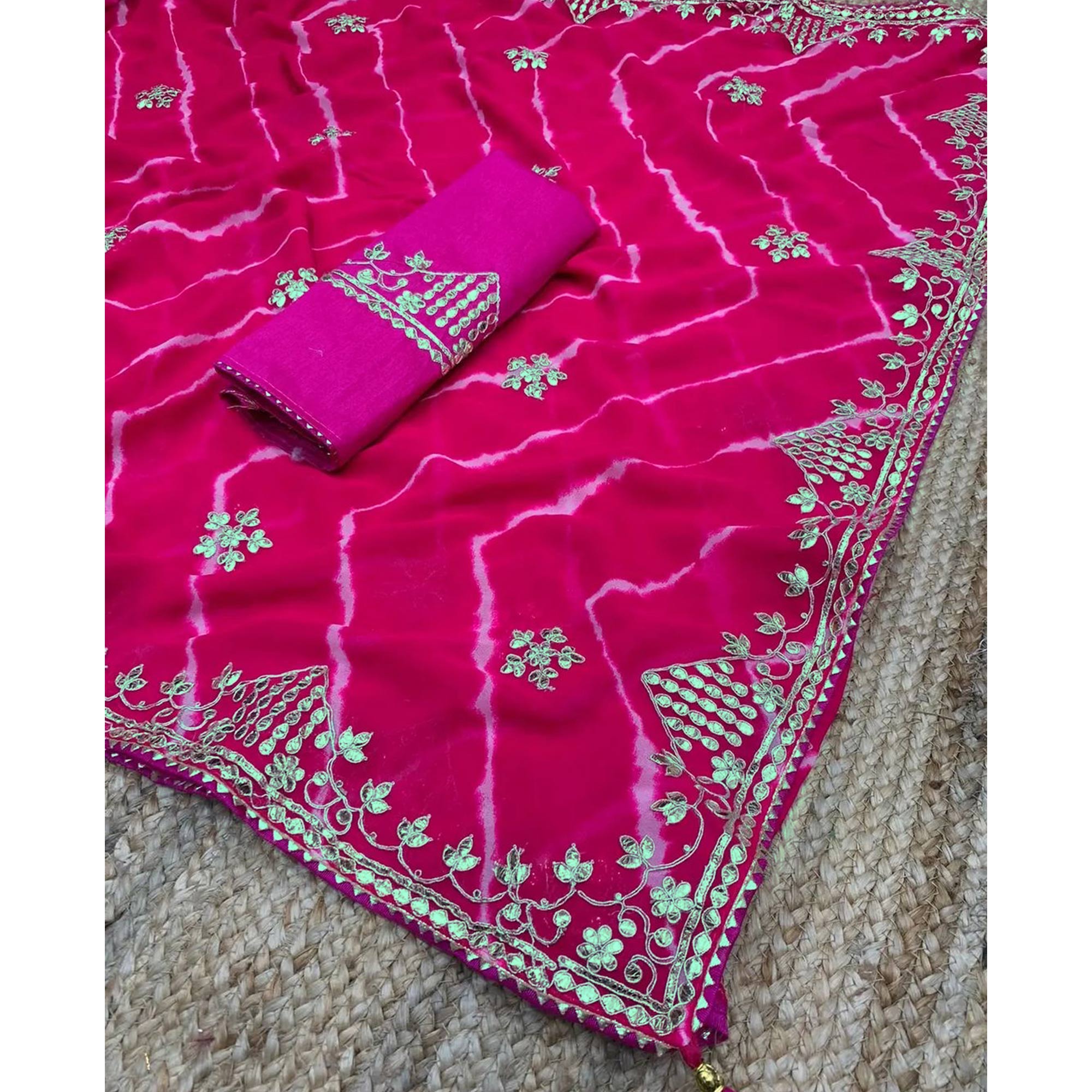 Pink Printed With Gota Work Georgette Saree