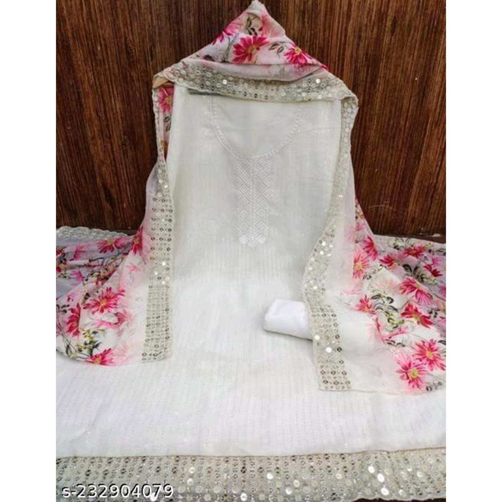 White Sequins Embroidered Georgette Dress Material