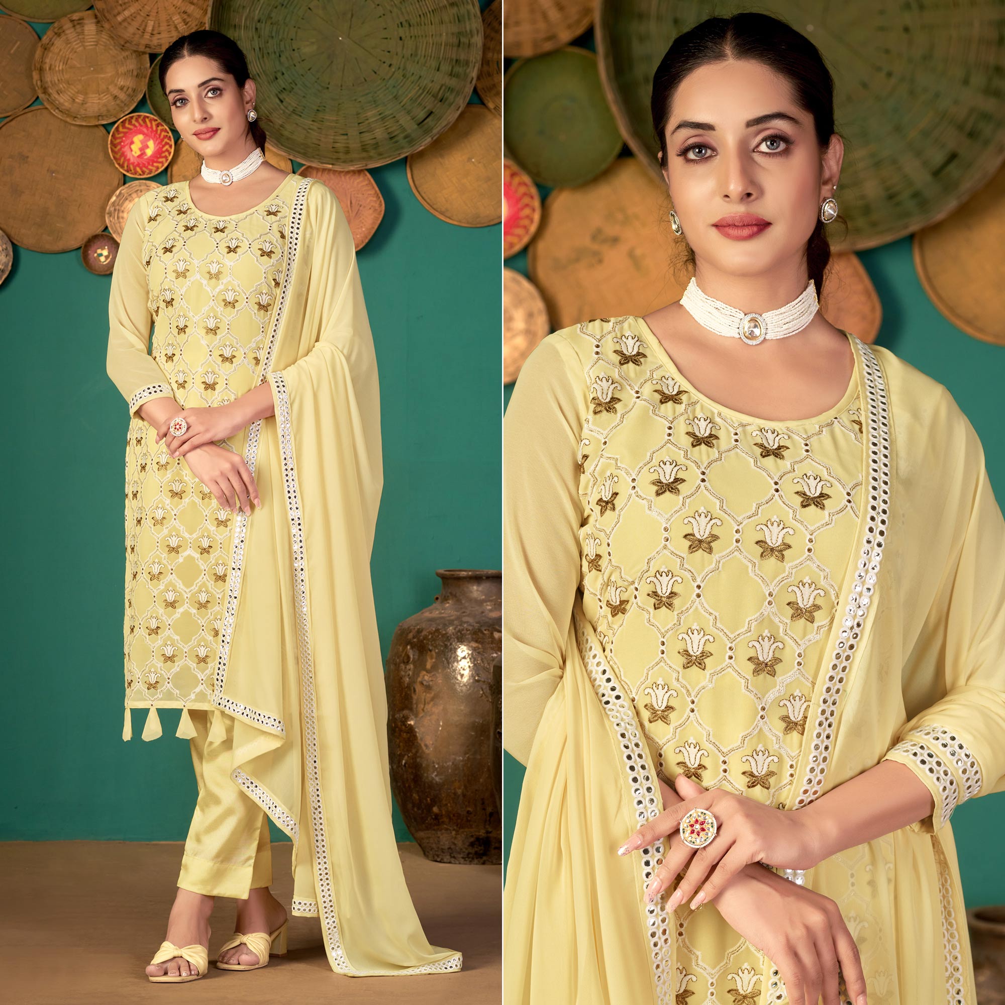 Yellow Floral Embroidered Georgette Suit - Image 3
