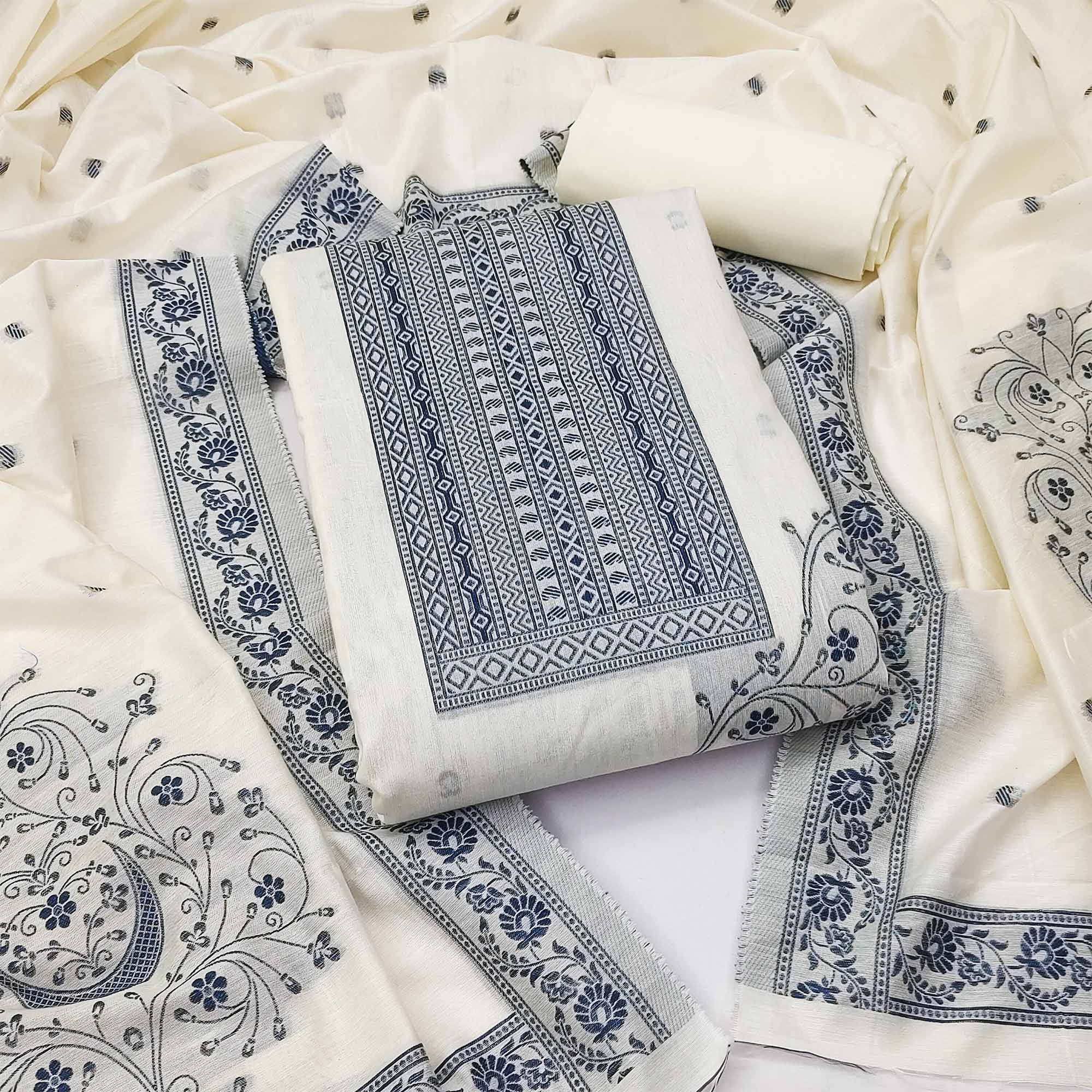 Cream & Blue Floral Woven Pure Cotton Dress Material