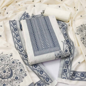 Cream & Blue Floral Woven Pure Cotton Dress Material