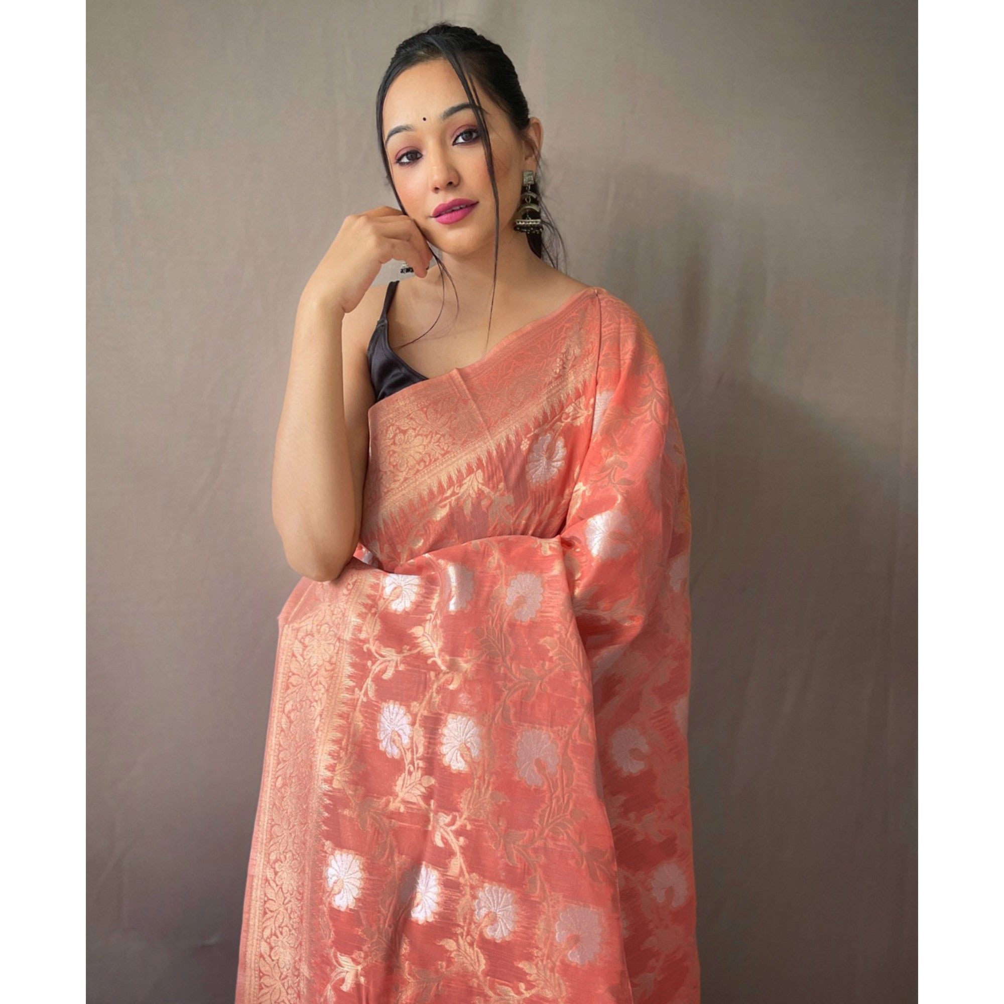 Peach Floral Woven Linen Saree