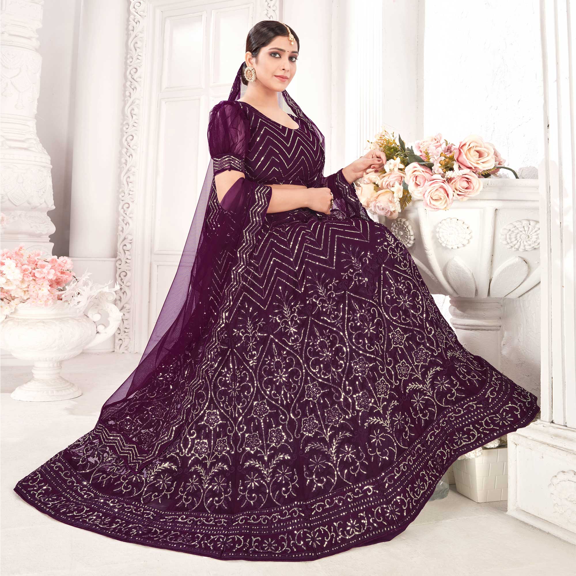 Wine Sequins Embroidered Netted Lehenga Choli - Image 1