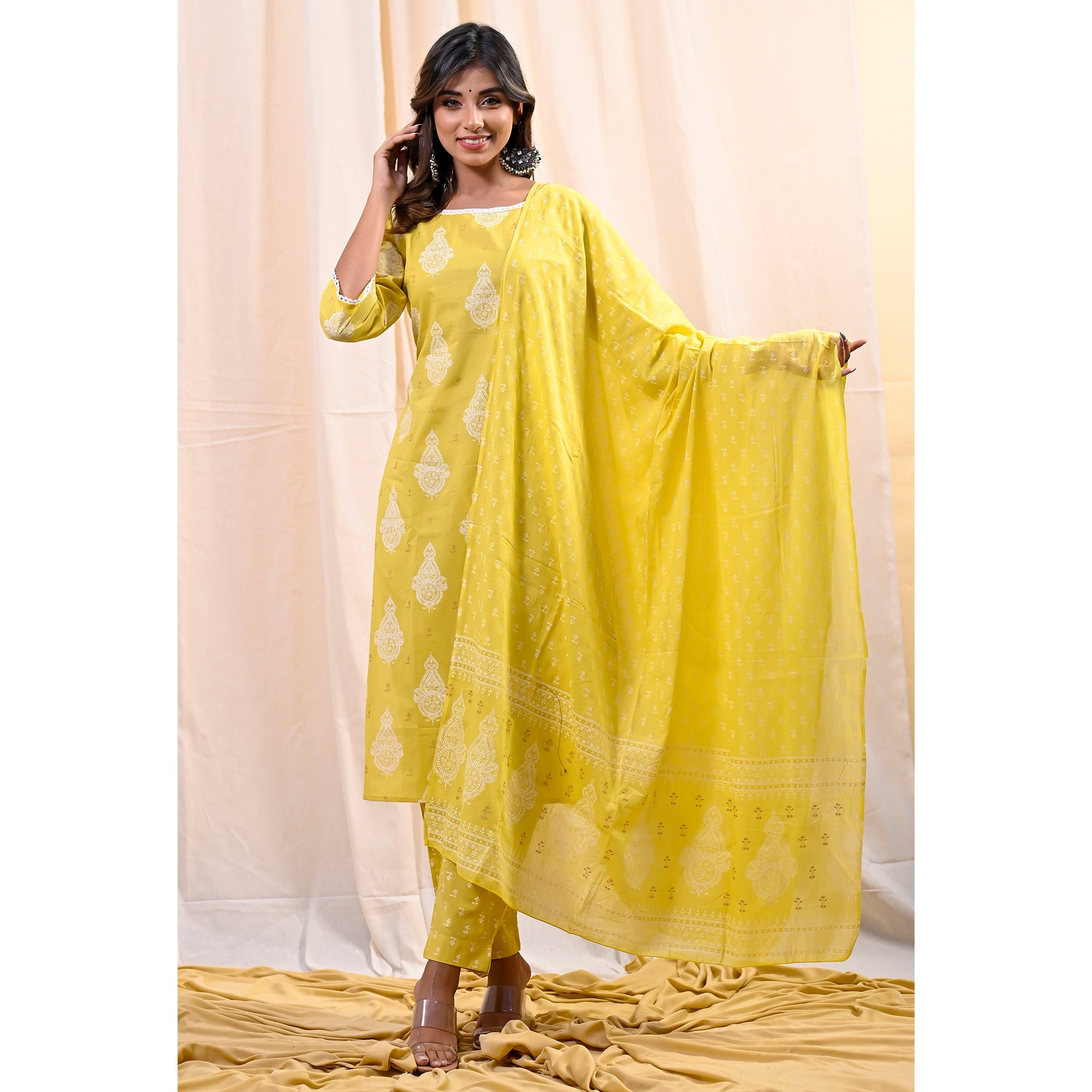 Yellow Printed Pure Cotton Salwar Suit - Image 2