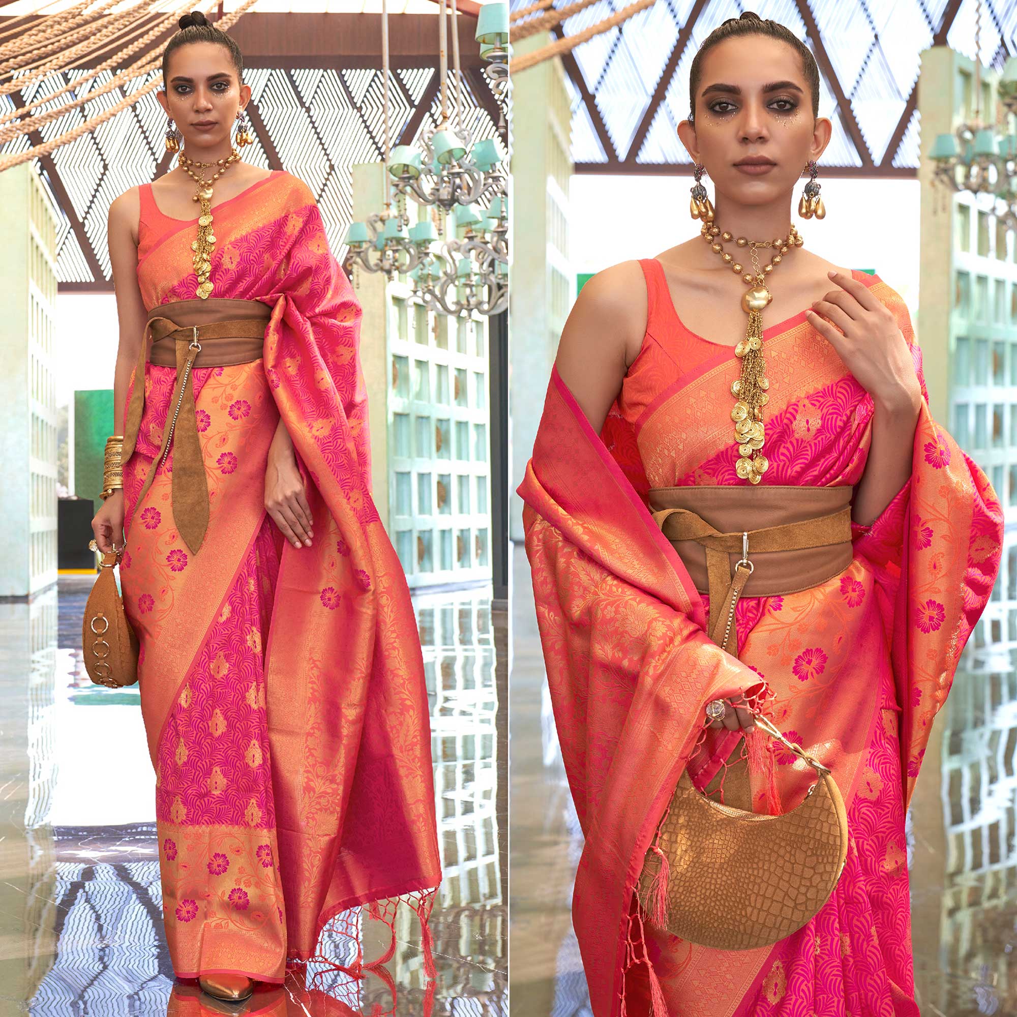 Pink Floral Woven Art Silk Saree With Tassels