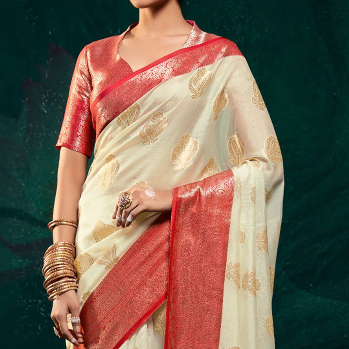 Off White Floral Woven Organza Saree