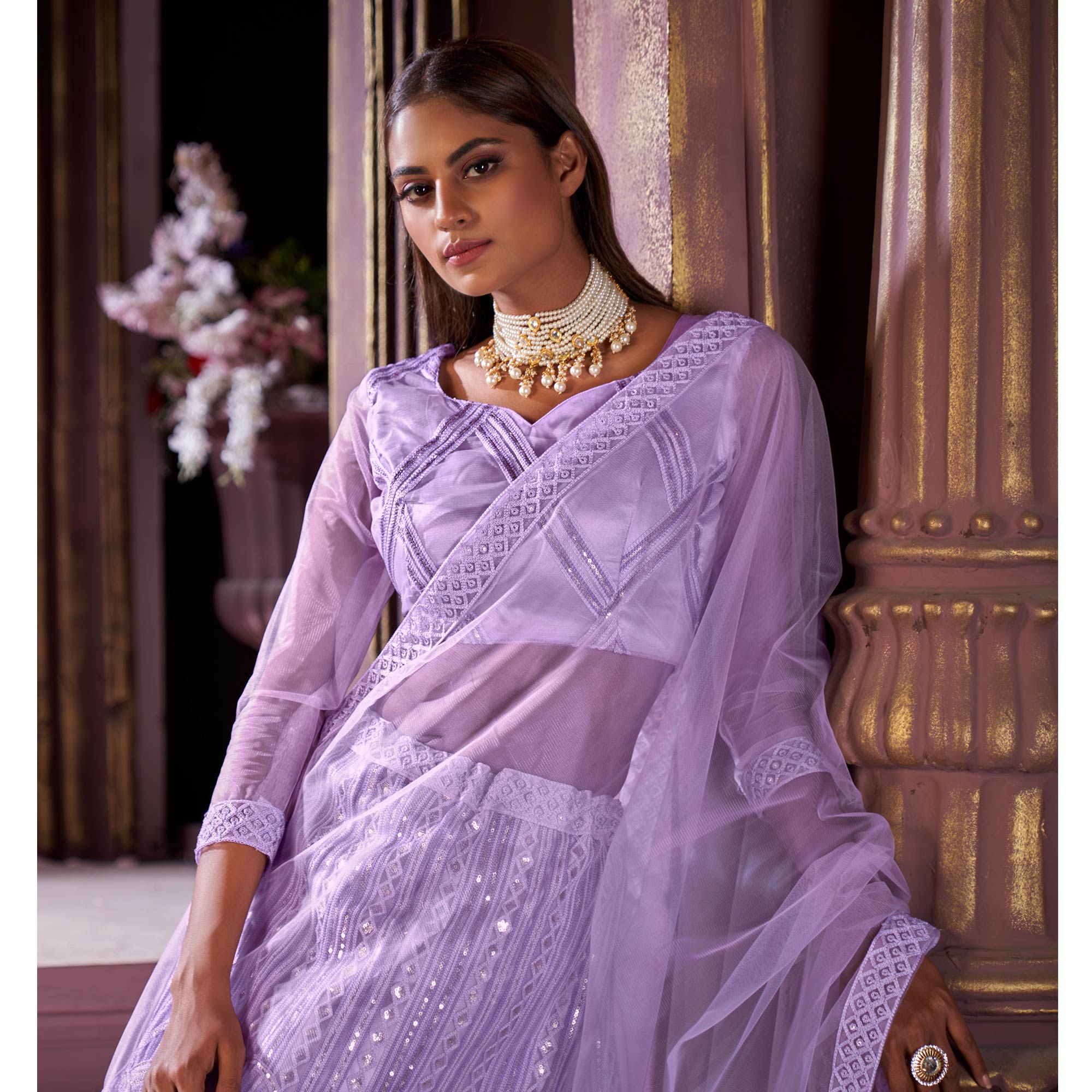 Violet Sequins Embroidered Netted Lehenga Choli - Image 7