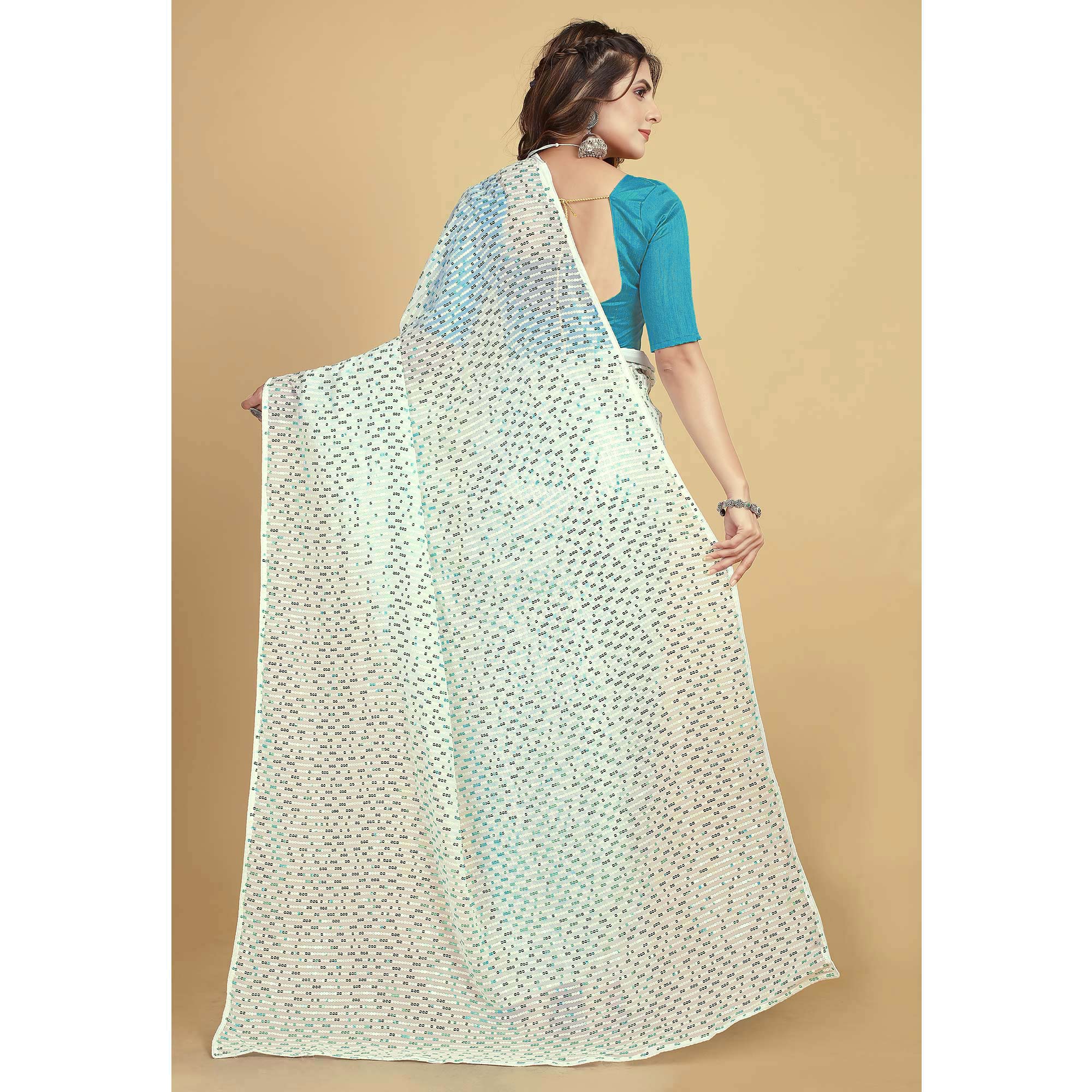 White & Blue Sequins Embroidered Georgette Saree
