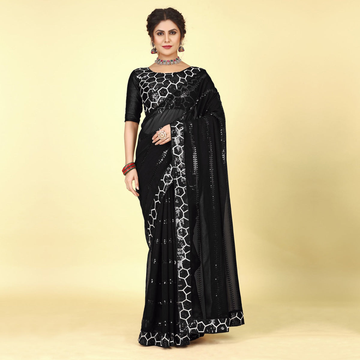 Black Sequins Embroidered Georgette Saree - Image 4