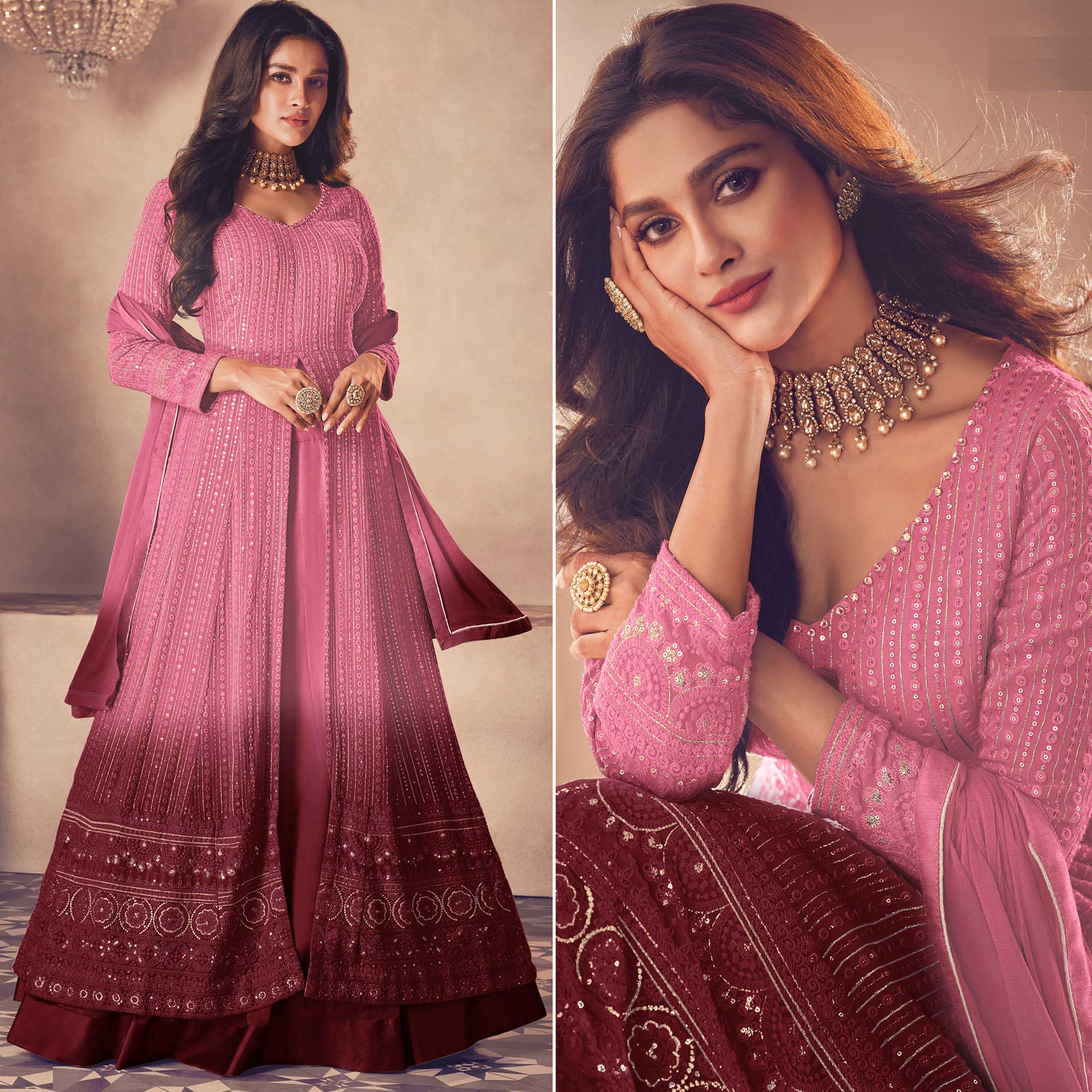 Pink Sequins Embroidered Georgette Front Slit Suit