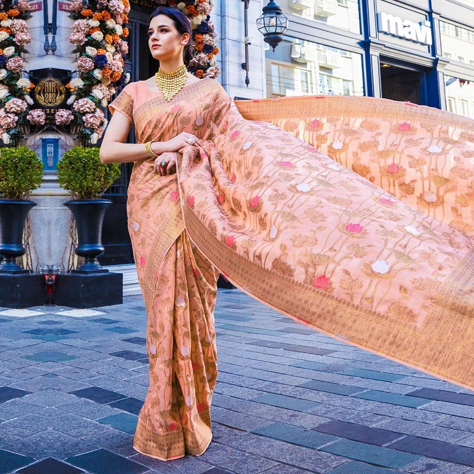 Salmon Pink Woven Art Silk Saree