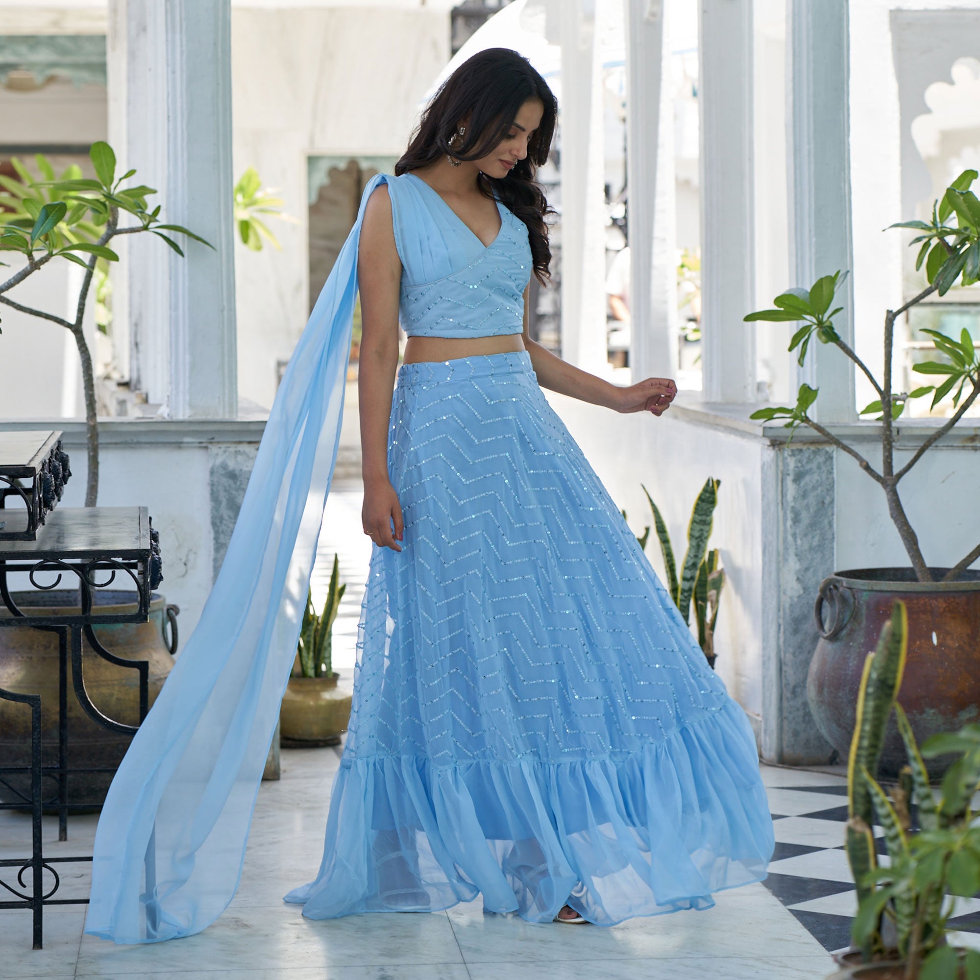 Blue Sequins Embroidered Georgette Lehenga Choli