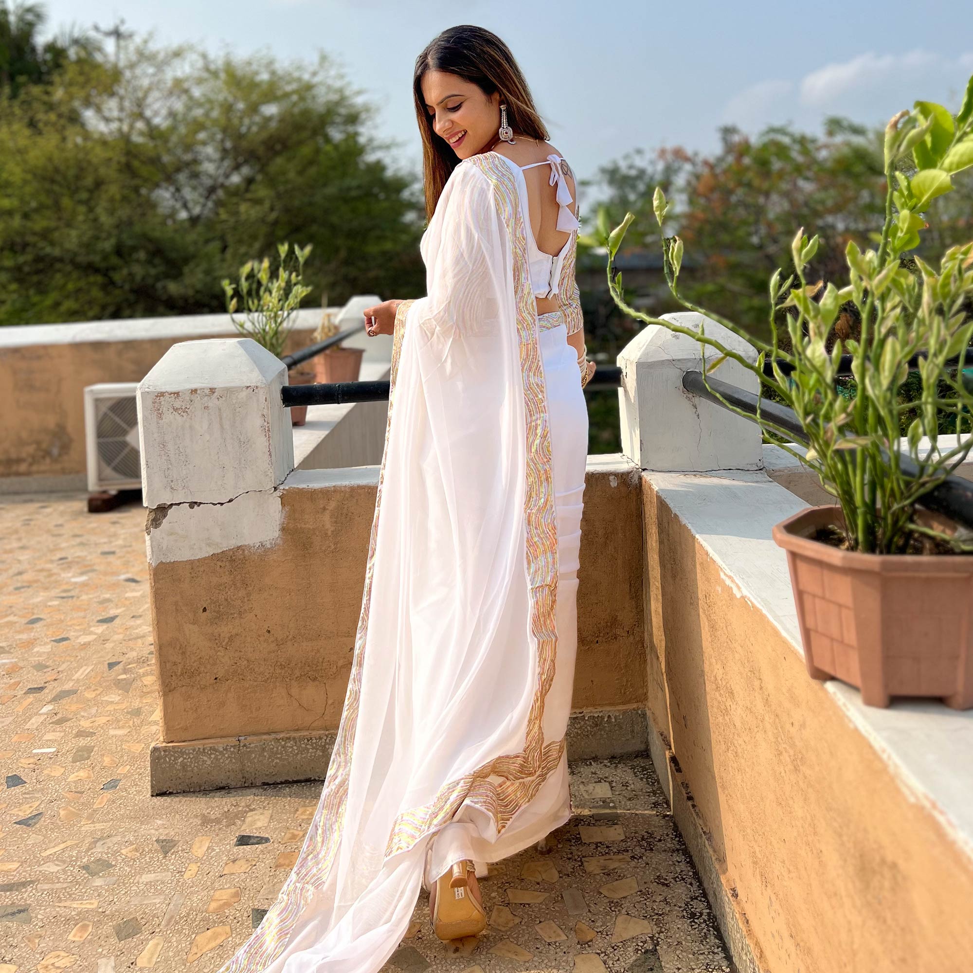 White Sequins Embroidered Georgette Saree