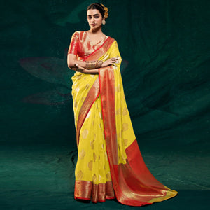 Yellow Floral Woven Organza Saree
