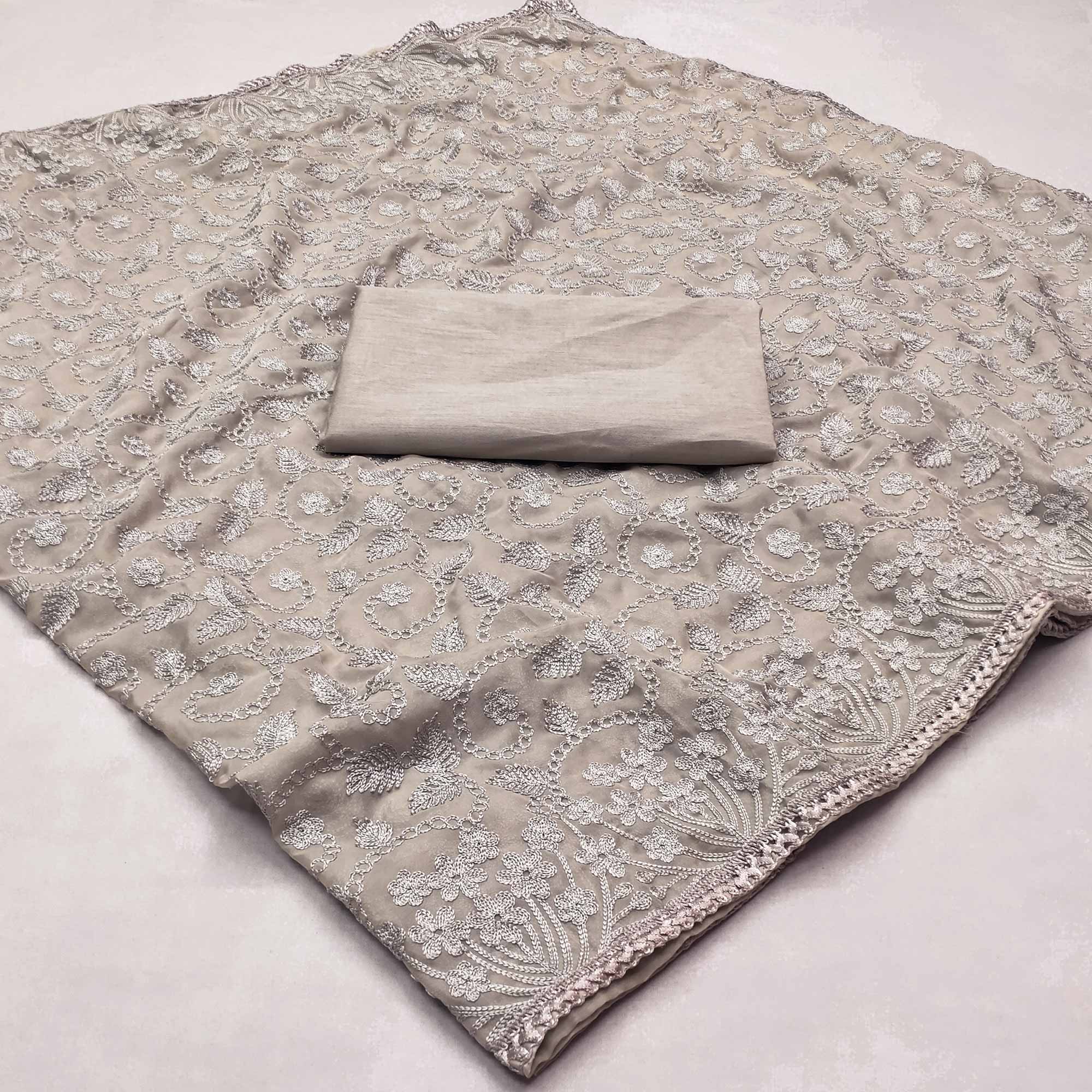 Grey Floral Embroidered Organza Saree