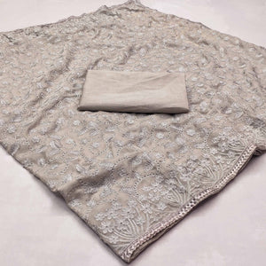 Grey Floral Embroidered Organza Saree