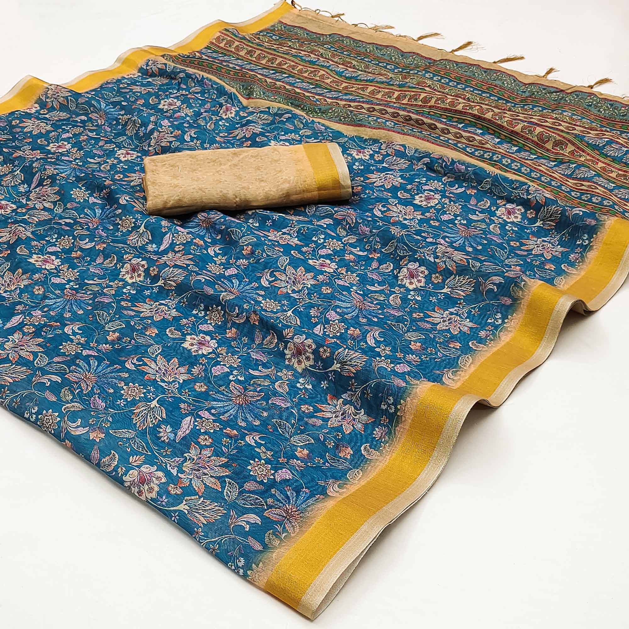 Blue Floral Digital Printed Linen Saree