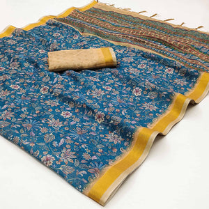 Blue Floral Digital Printed Linen Saree