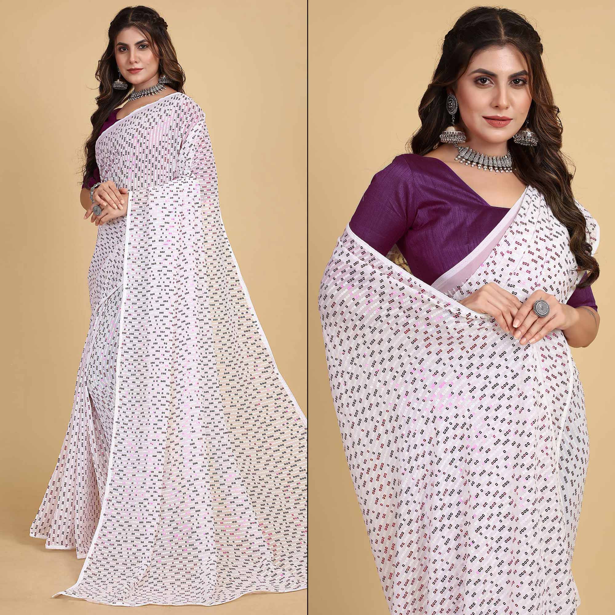 White & Wine Sequins Embroidered Georgette Saree