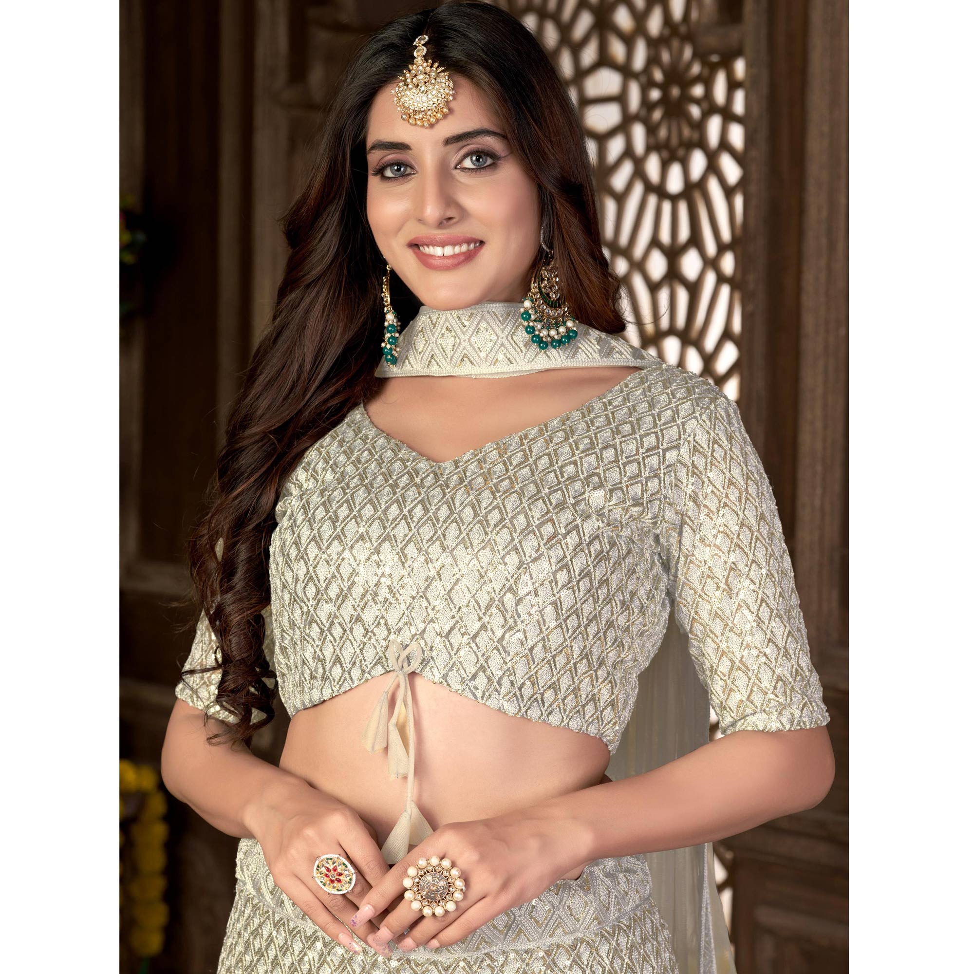 Cream Sequins Embroidered Net Lehenga Choli - Image 3