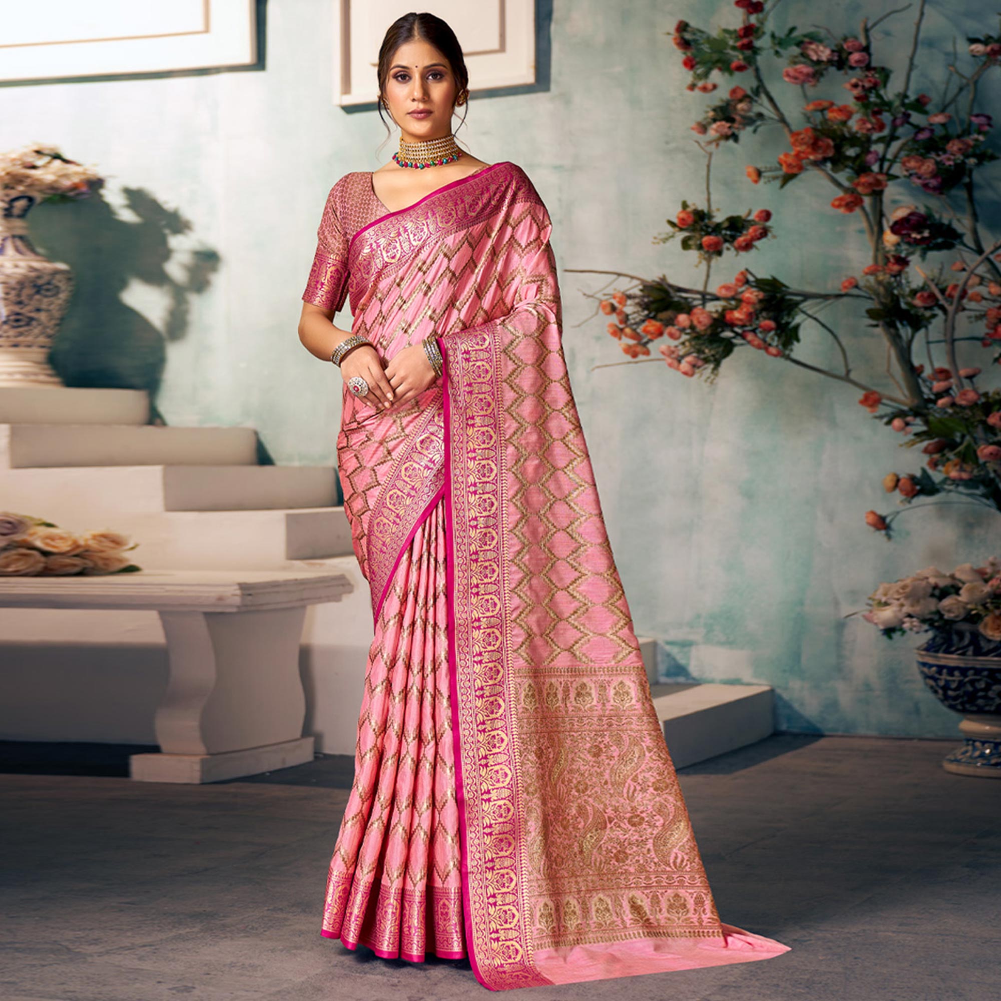 Pink Woven Banarasi Silk Saree