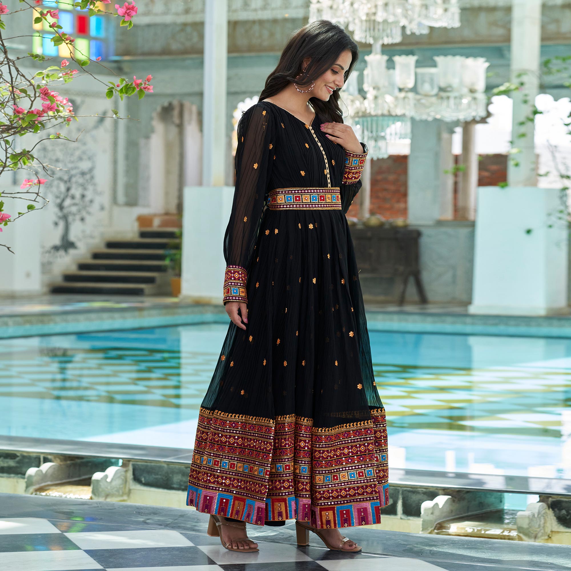 Black Floral Embroidered And Mirror Work Georgette Gown