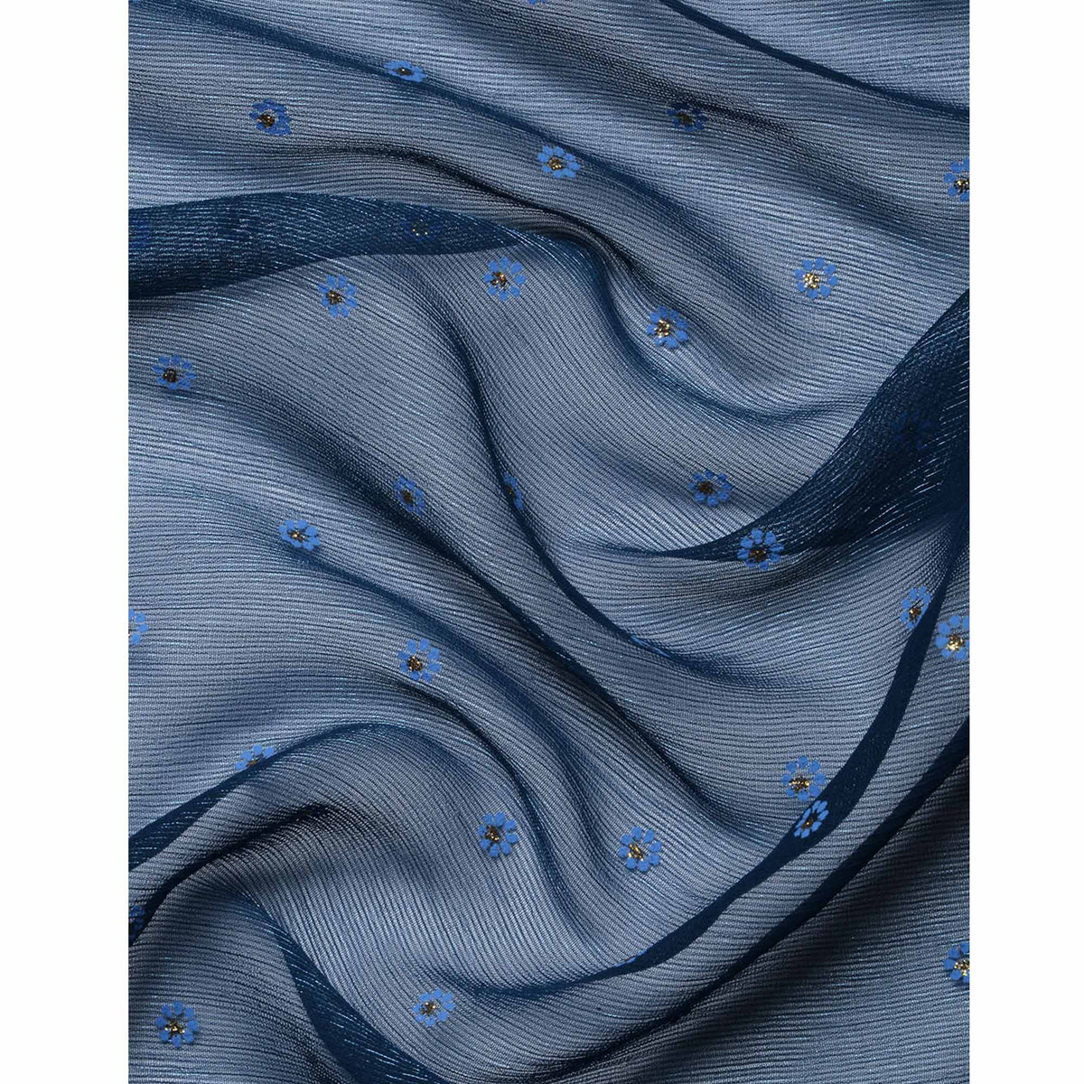 Blue Foil Printed With Embroidered Border Chiffon Saree - Image 4