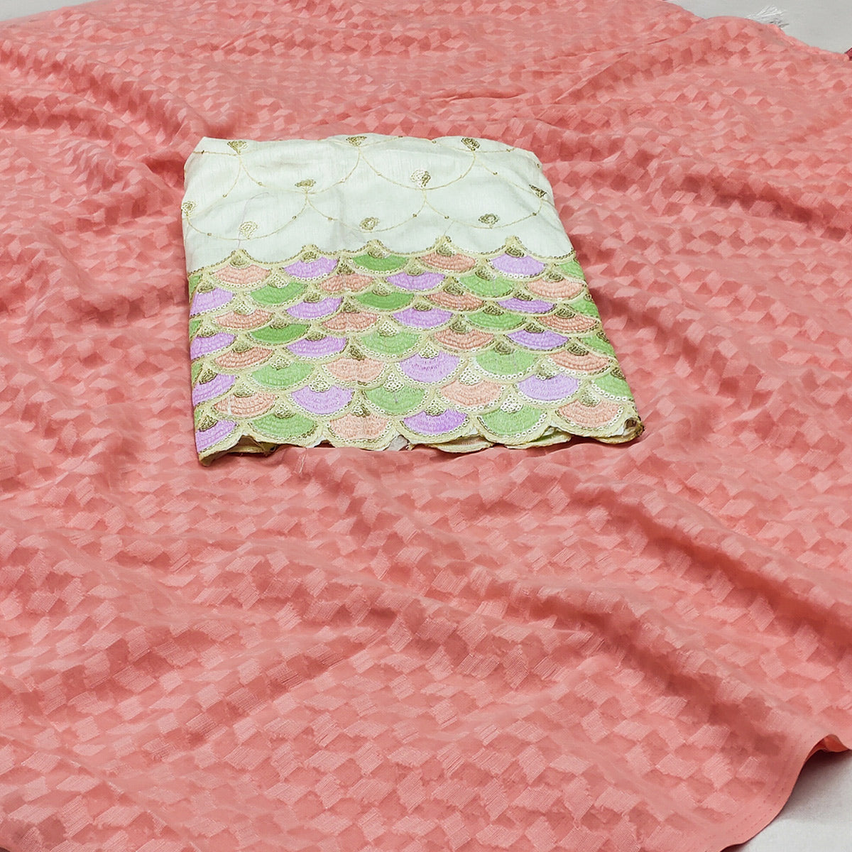 Peach Woven Jacquard Saree With Tassels