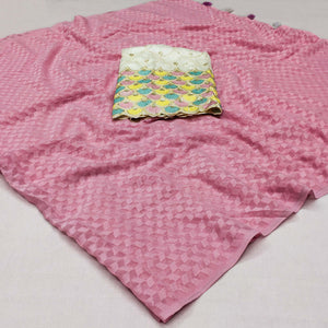 Pink Woven Jacquard Saree With Tassels