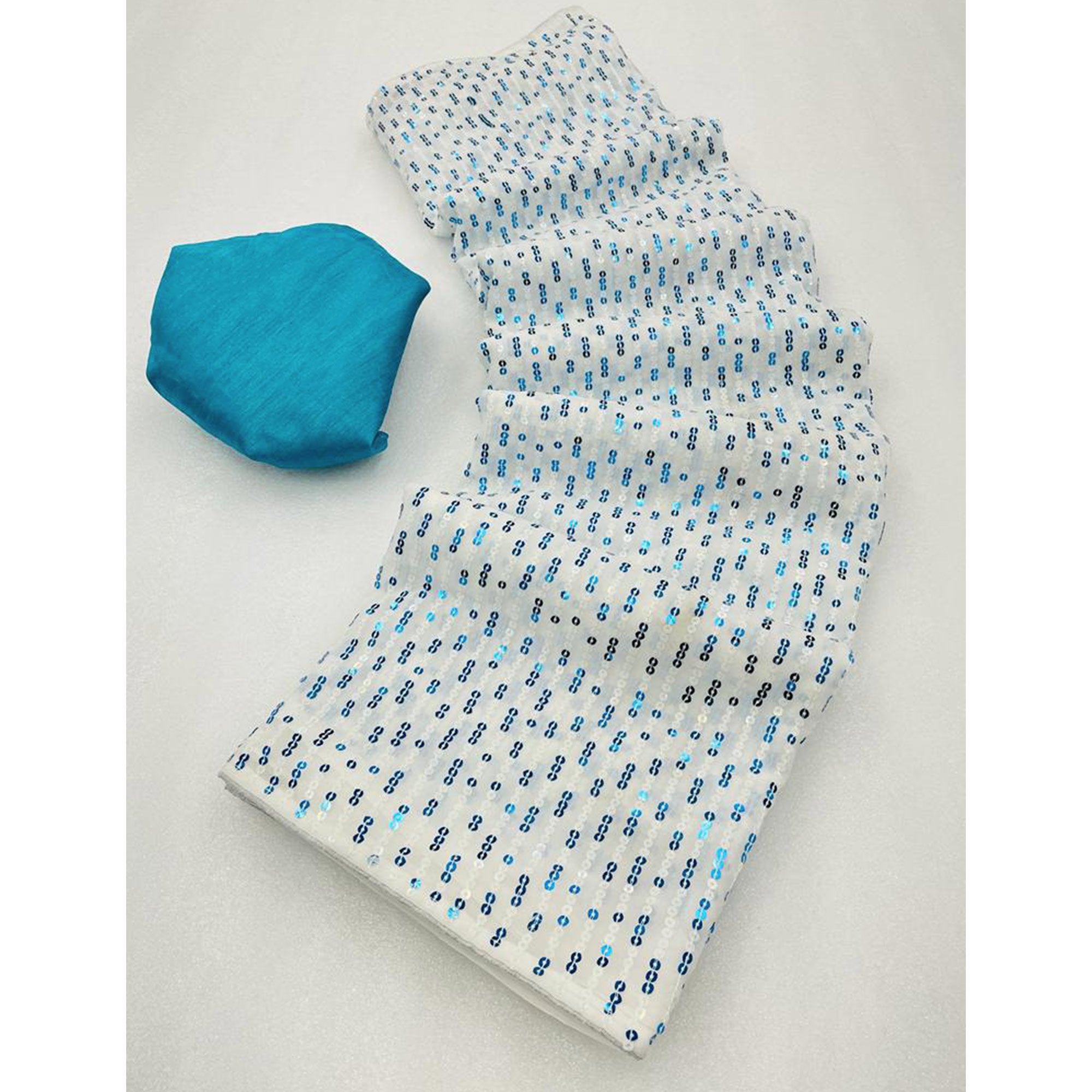 White & Blue Sequins Embroidered Georgette Saree