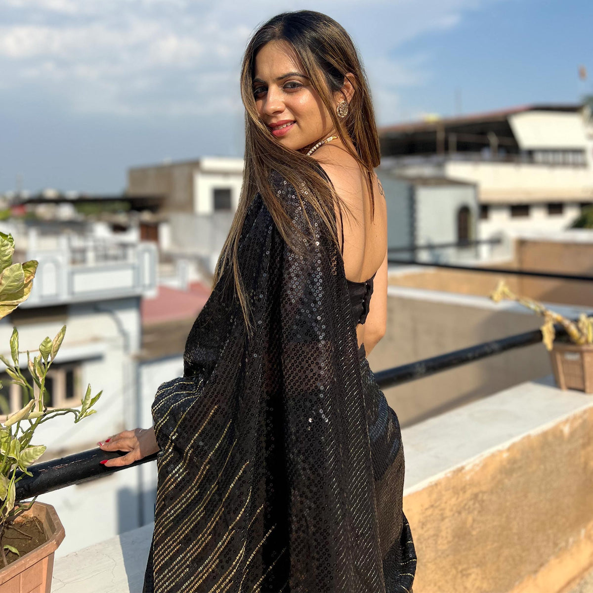 Black Sequins Embroidered Georgette Saree - Image 3