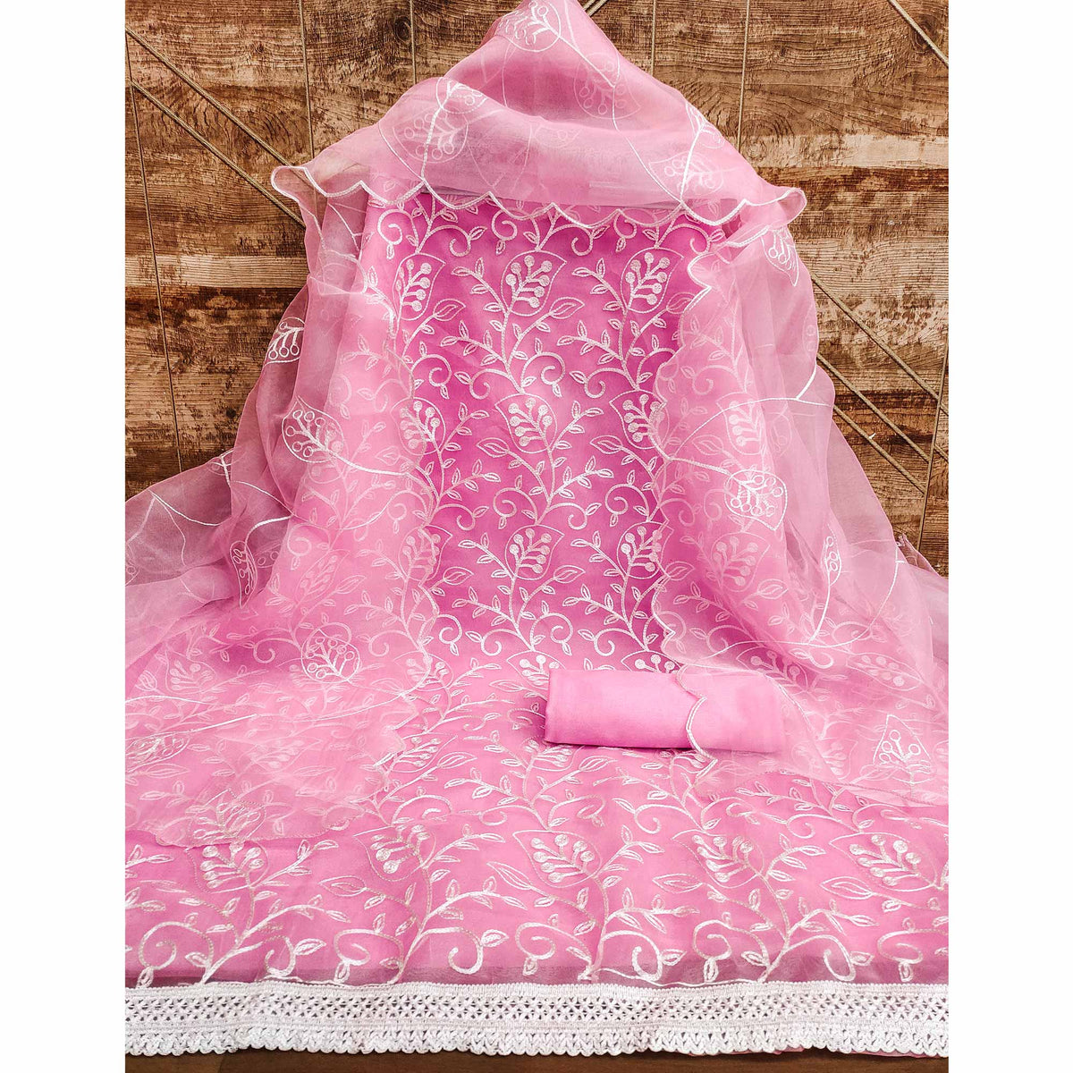 Pink Floral Embroidered Organza Dress Material - Image 5
