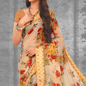 Beige Floral Printed Chiffon Saree