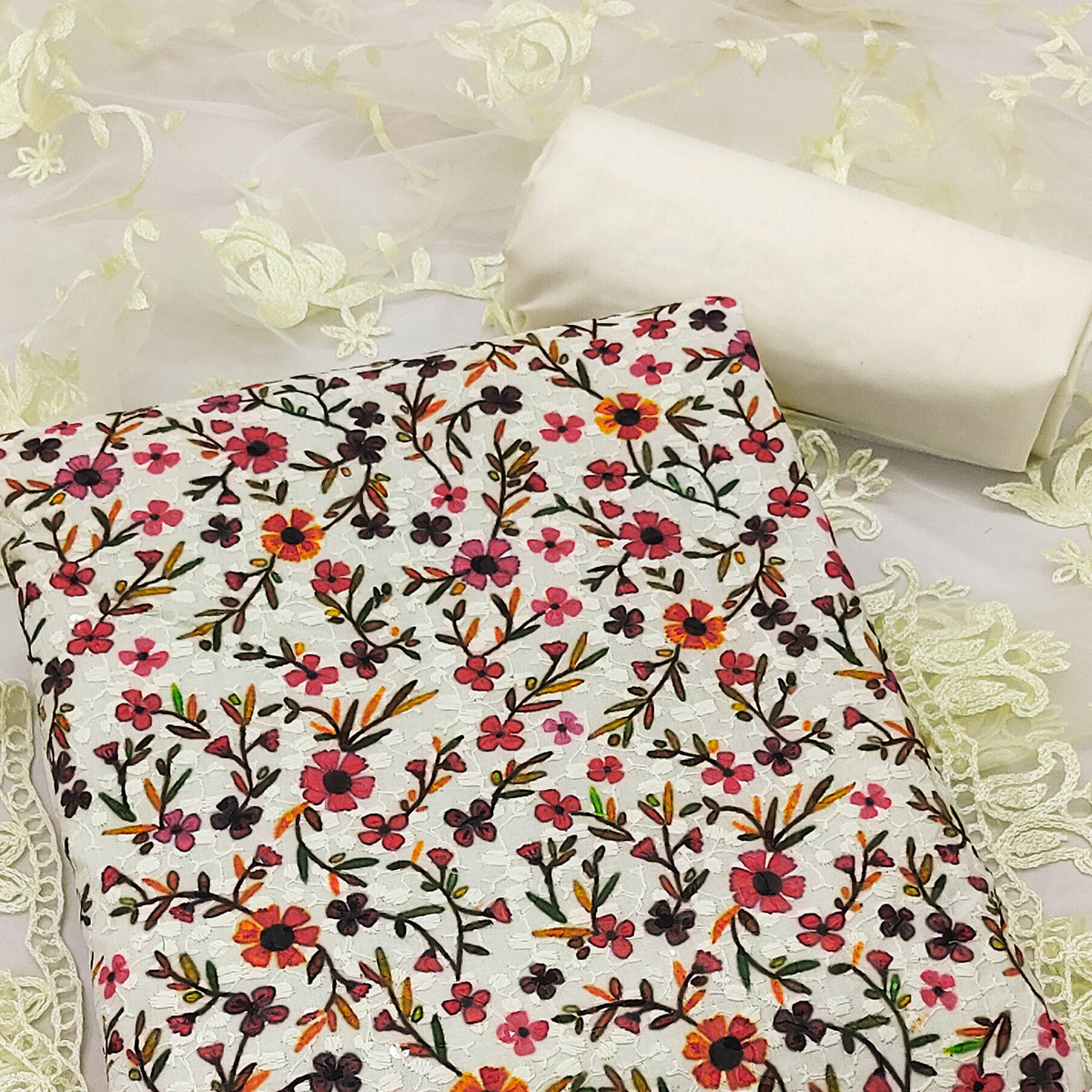 White Lucknowi With Printed Cotton Dress Material