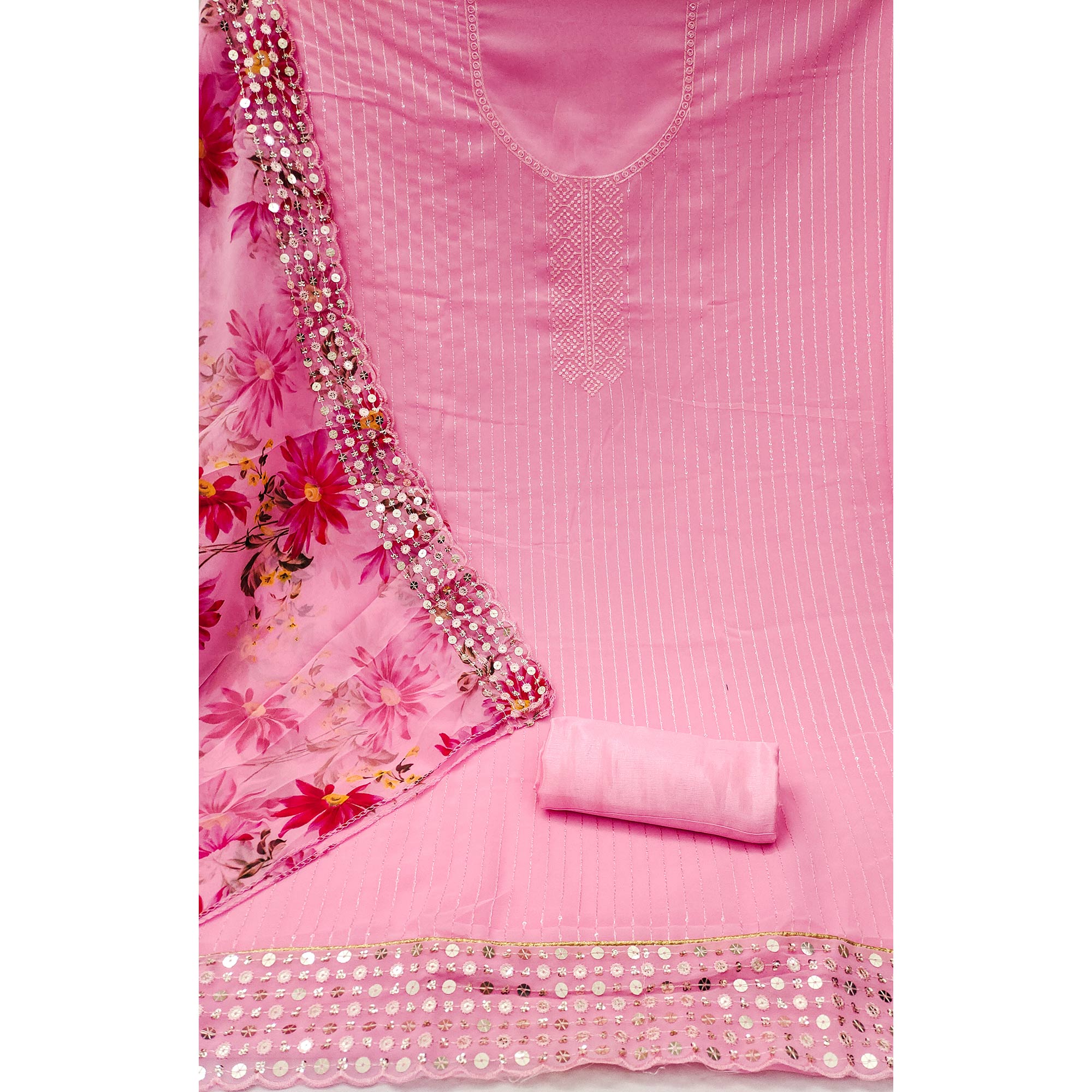 Pink Sequins Embroidered Georgette Dress Material