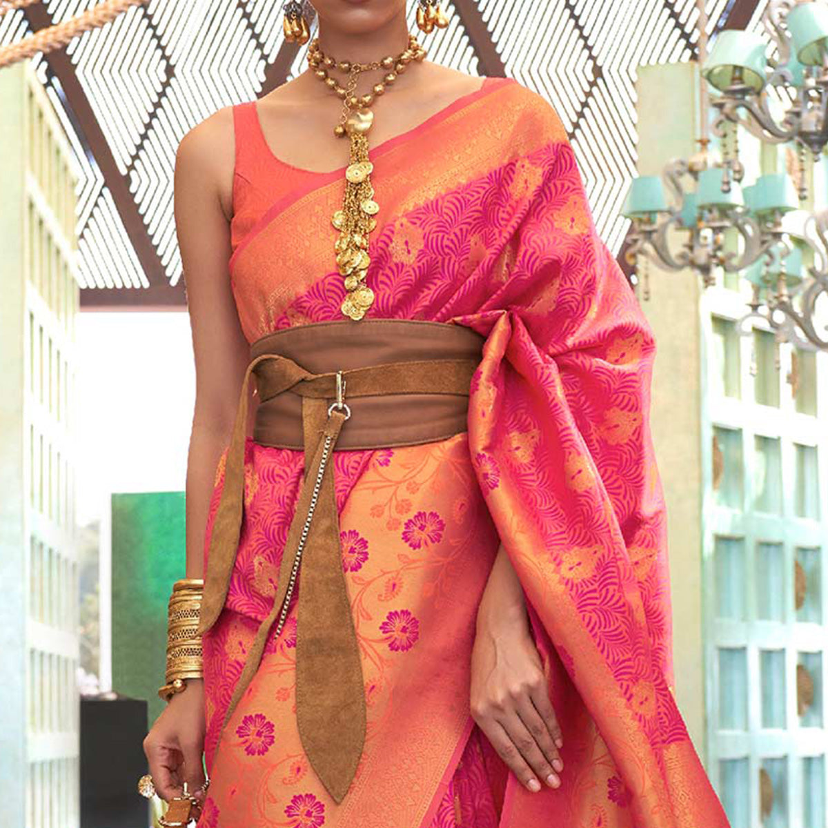 Pink Floral Woven Art Silk Saree With Tassels