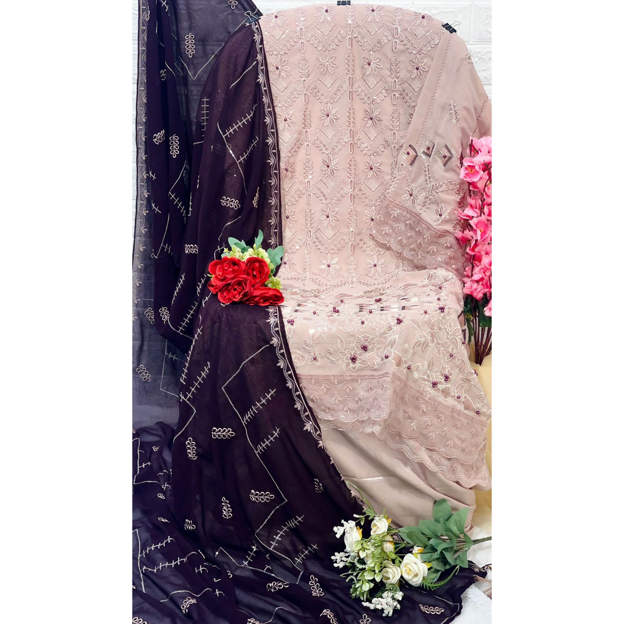 Mauve Floral Embroidered Georgette Pakistani Suit