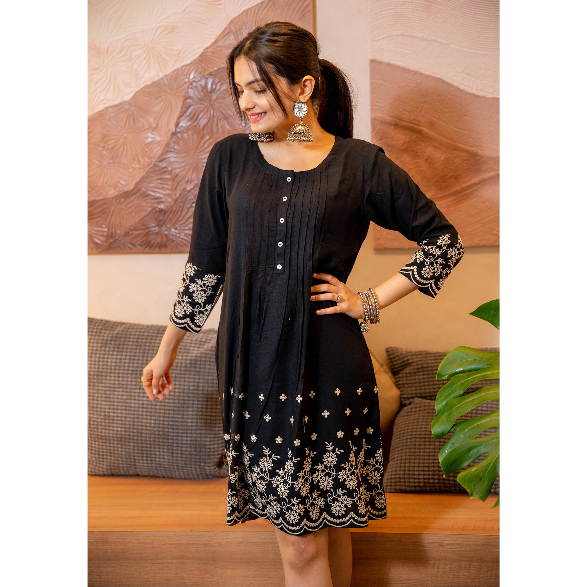 Black Floral Embroidered Rayon Dress